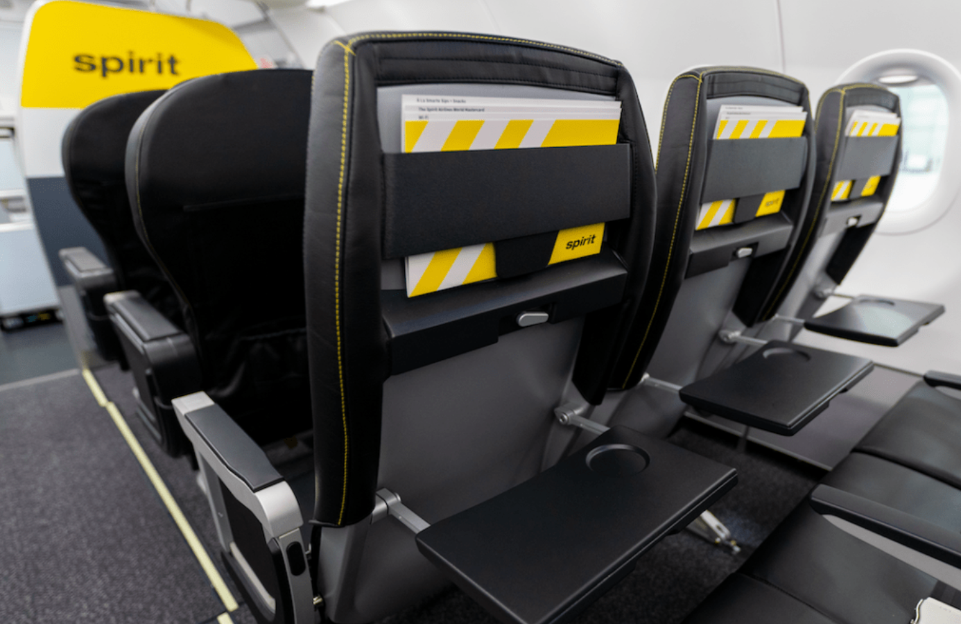 Inside the cabin of a Spirit Airlines aircraft.