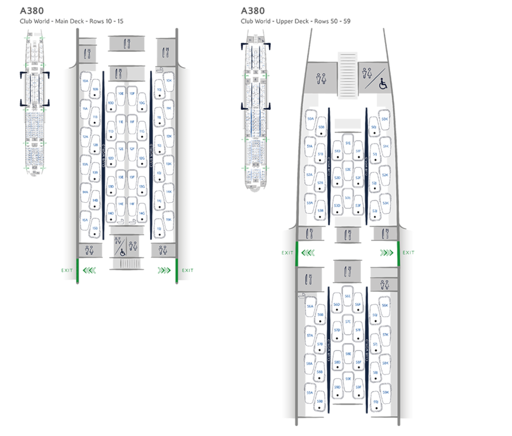 A seat map of British Airways Airbus A380 business class cabin.