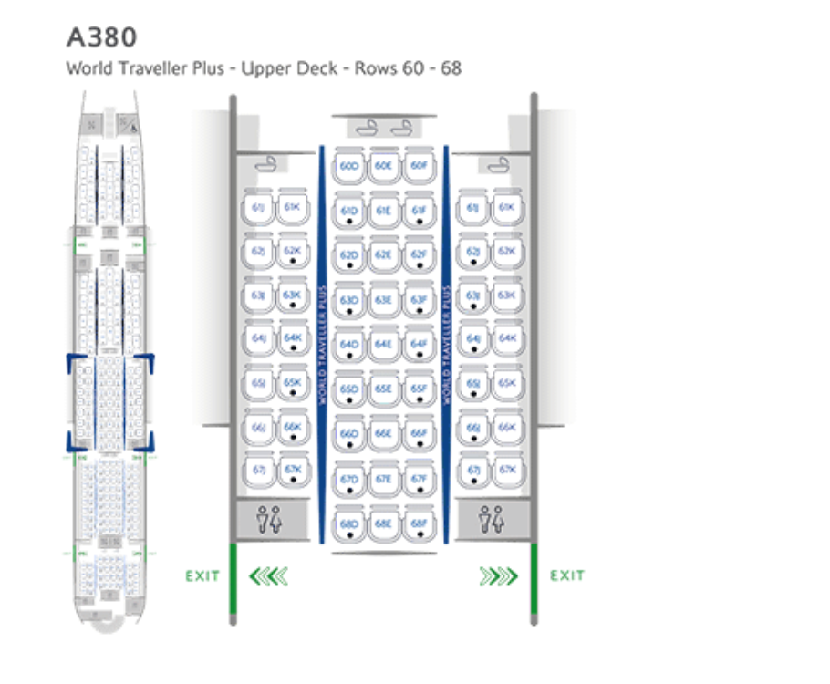 A seat map of the British Airways Airbus A380 premium economy cabin.
