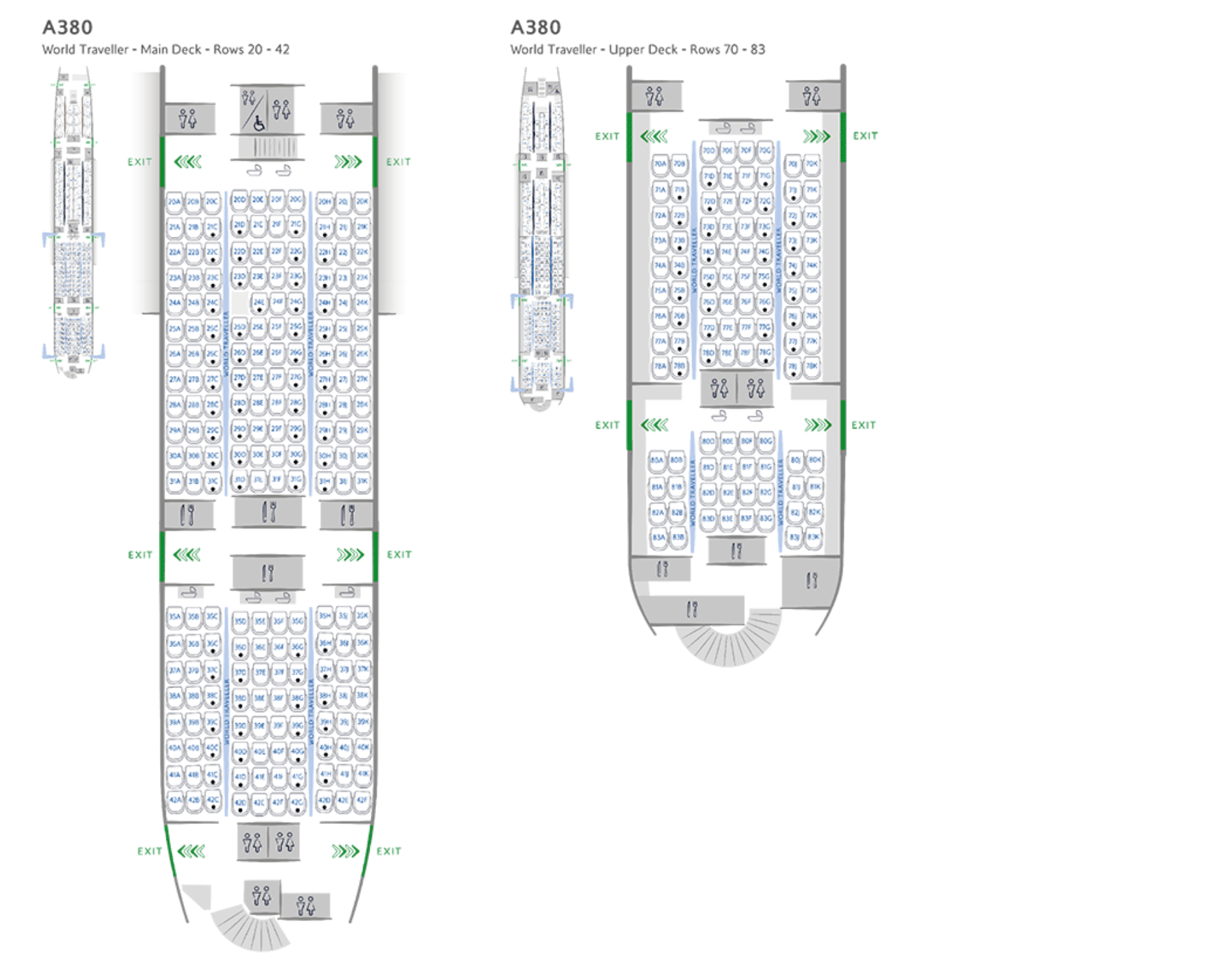 A seat map of the British Airways Airbus A380 economy class cabin.