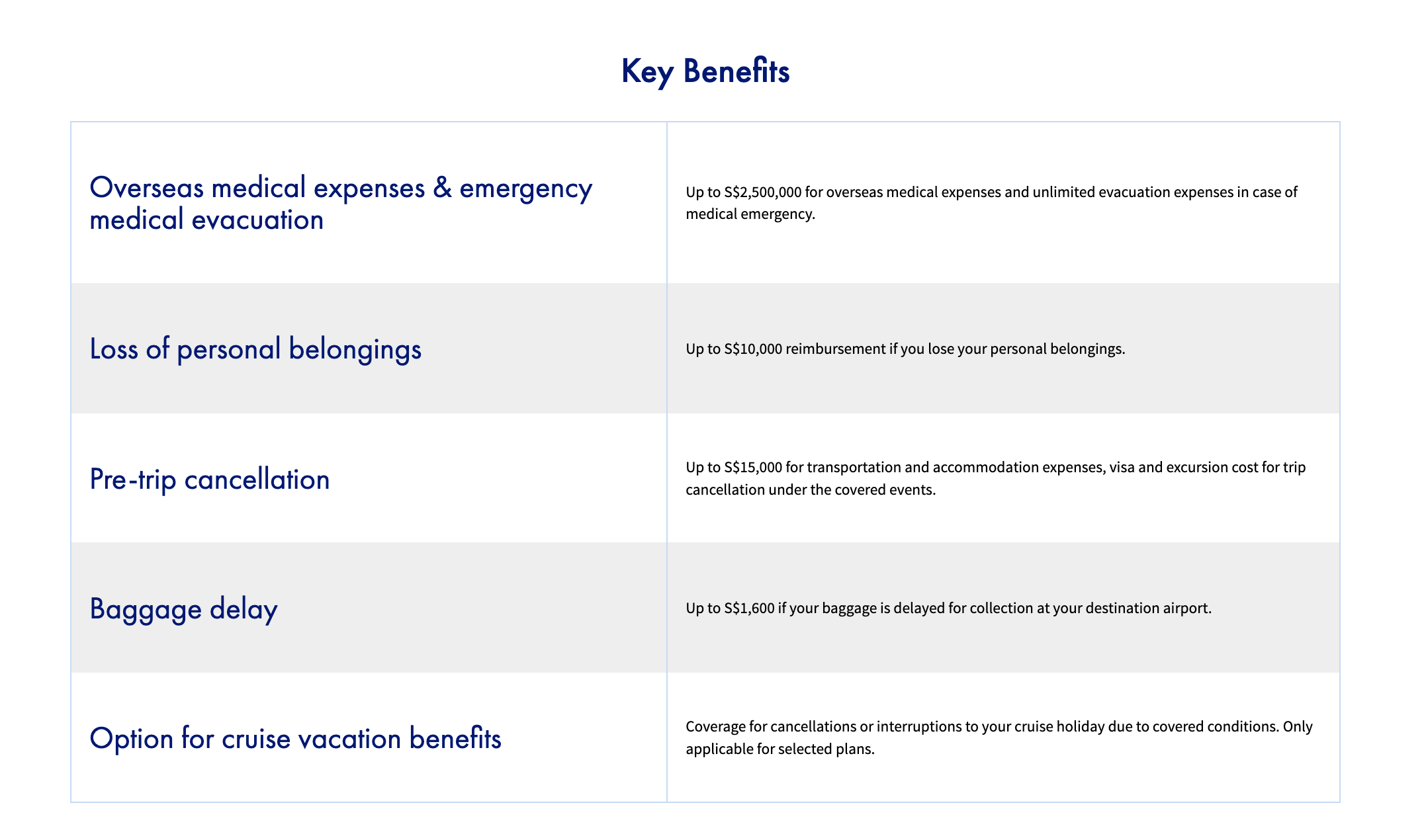 A screenshot of the benefits of AIG Travel Insurance.