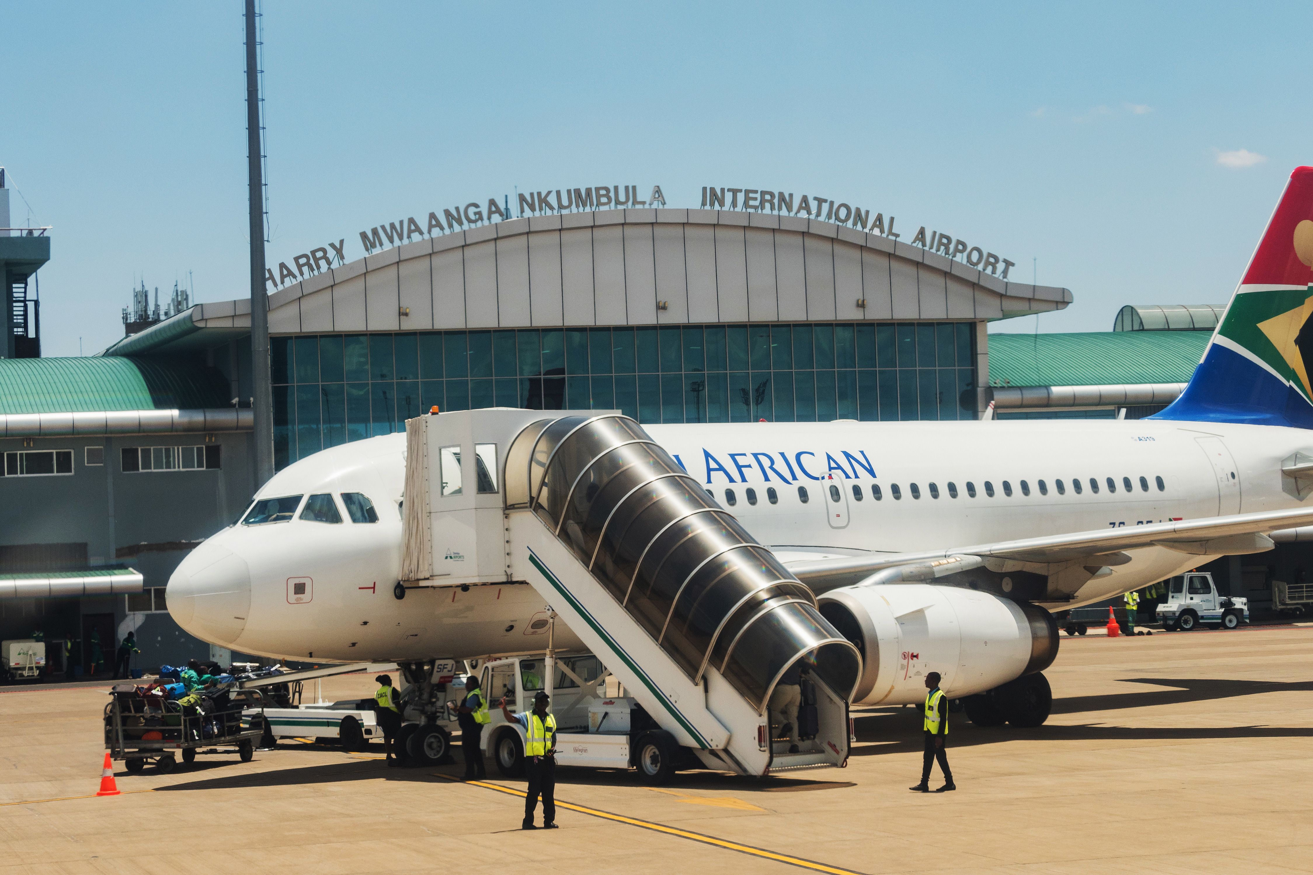 A South African Airways plane at  Harry Mwanga Nkumbula International Airport in Livingstone, Zambia, Africa