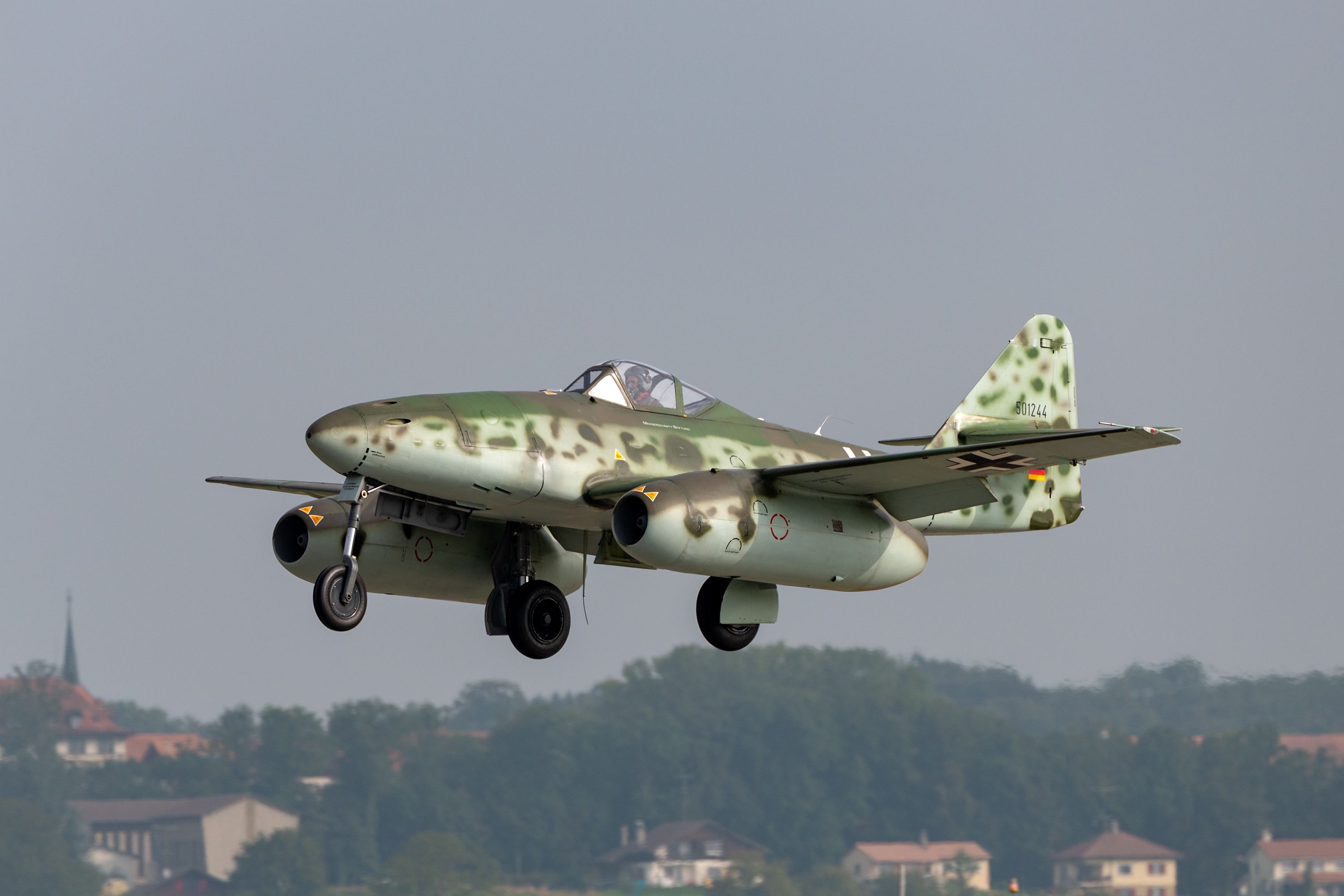 A Messerschmitt Me 262 Luftwaffe World War II jet fighter aircraft about to land.