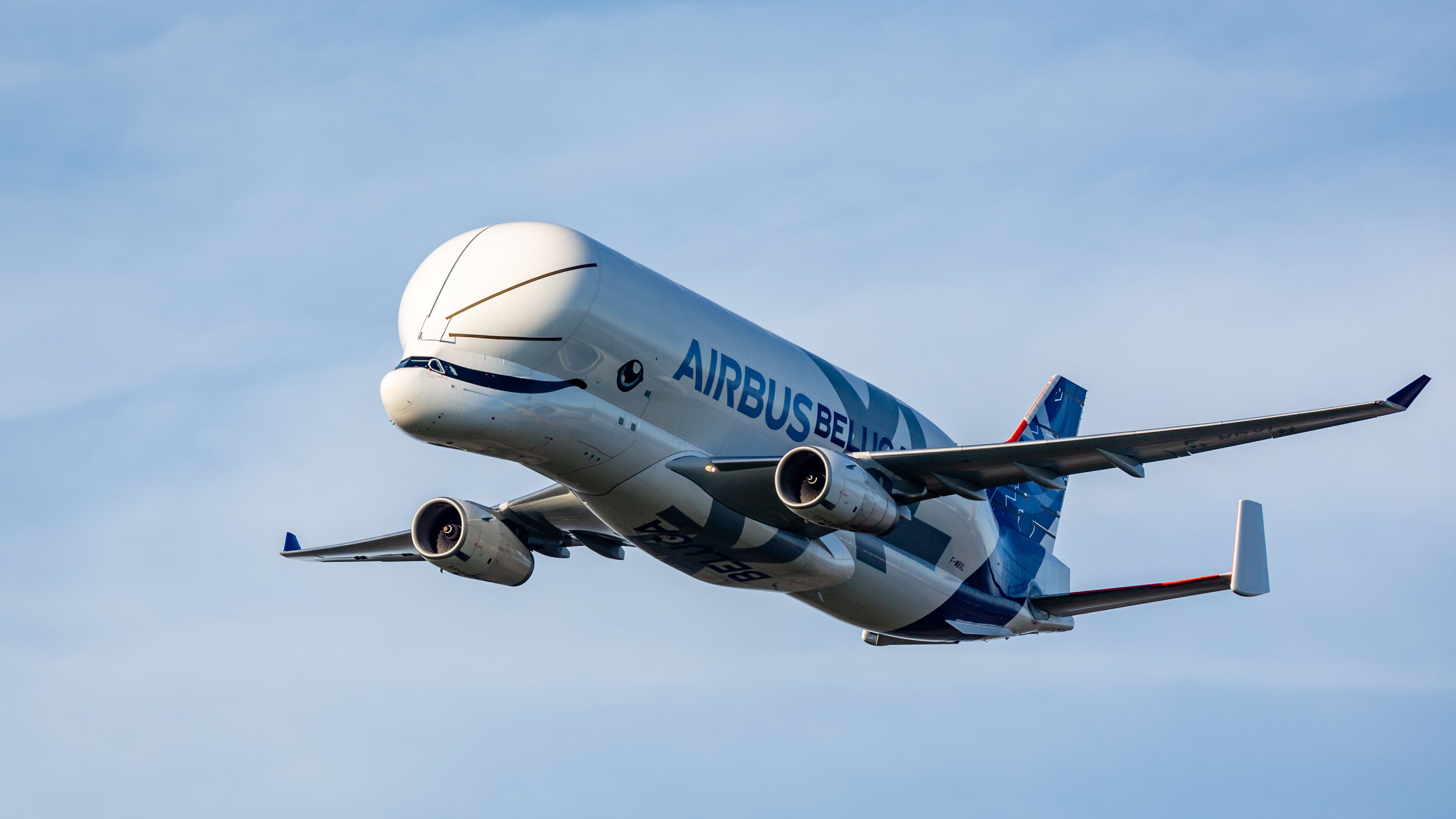 An Airbus BelugaXL flying in the sky.