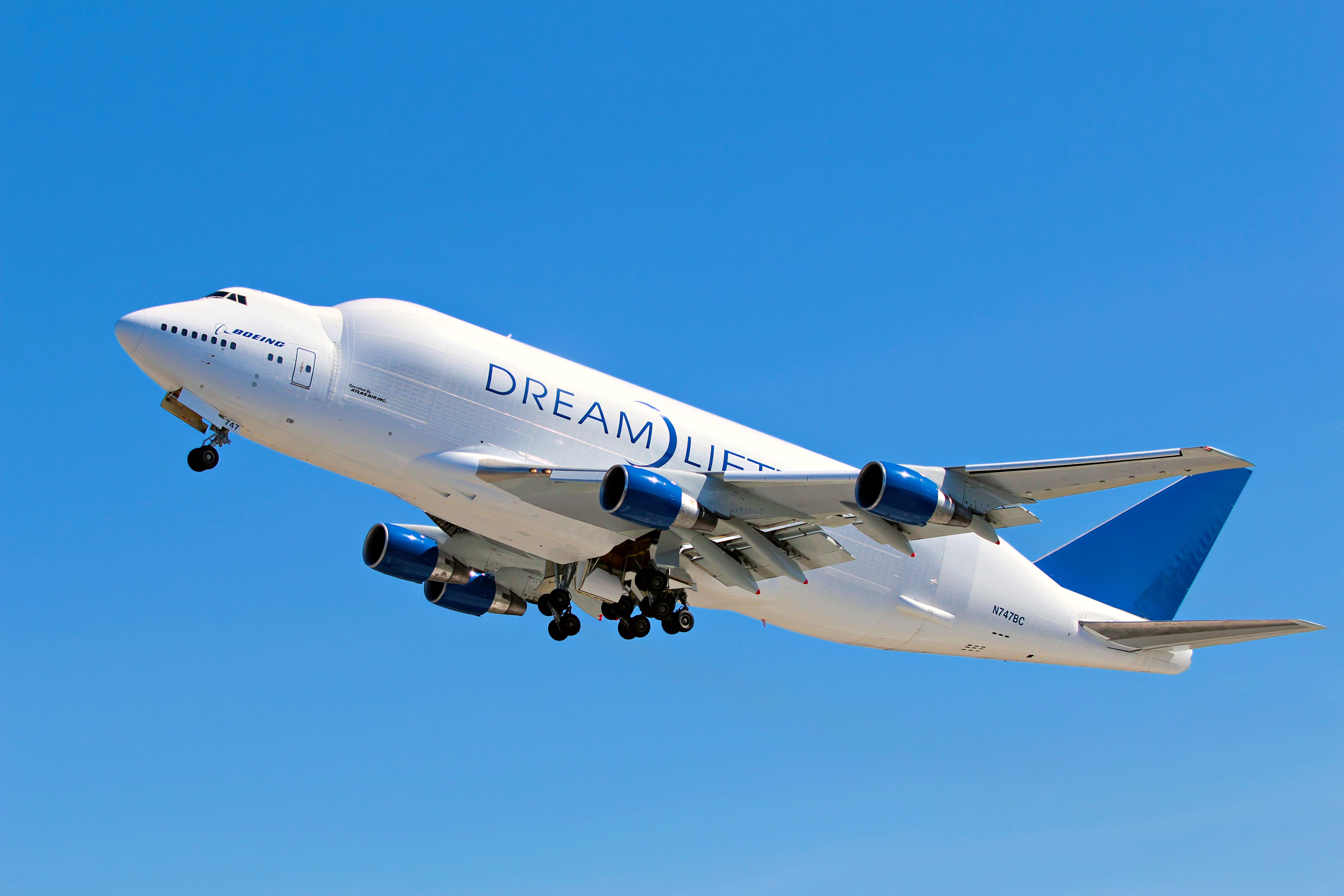 A Boeing Dreamlifter just after take off.