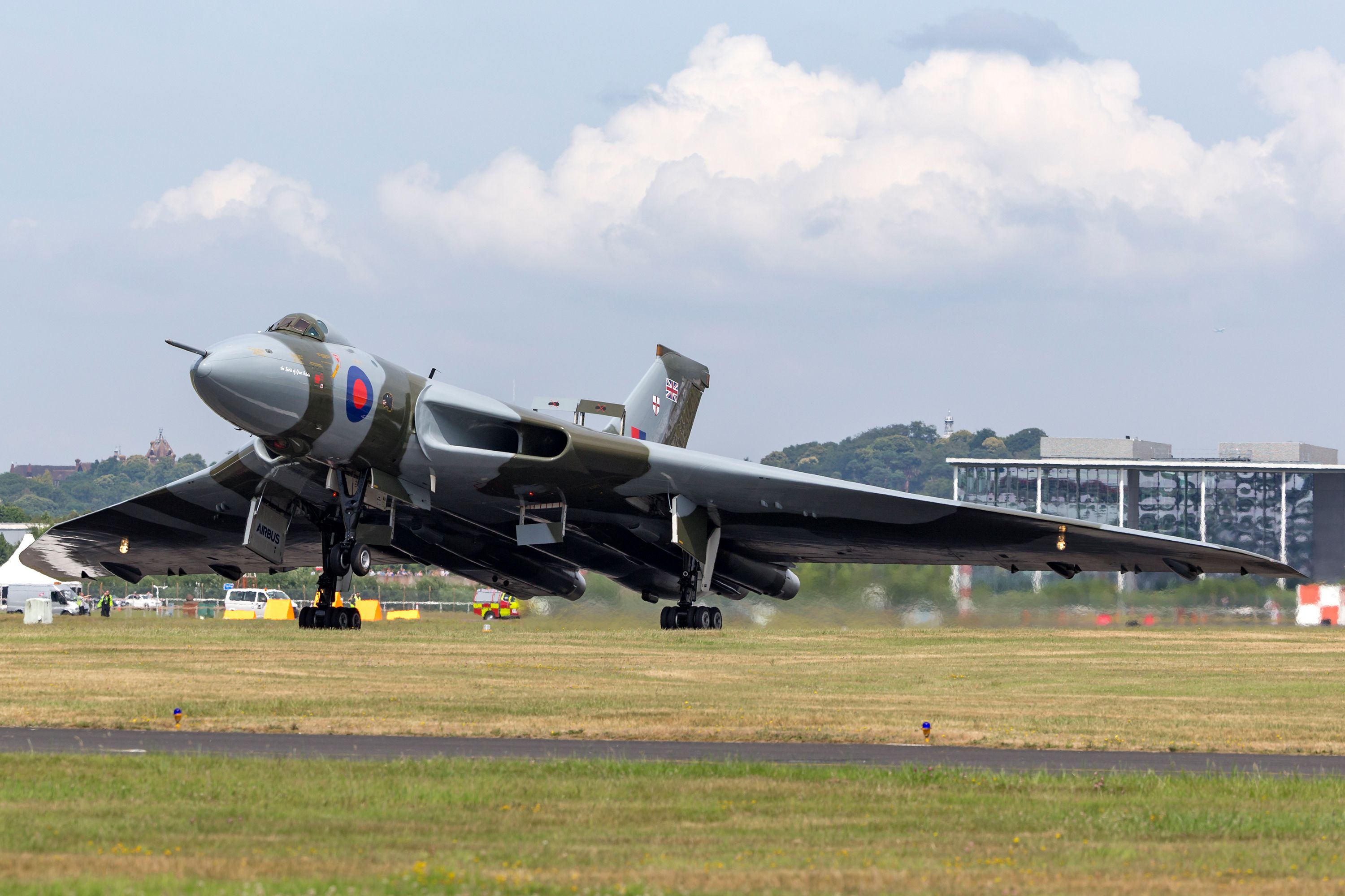 An Avro Vulcan about to take off from a runway.