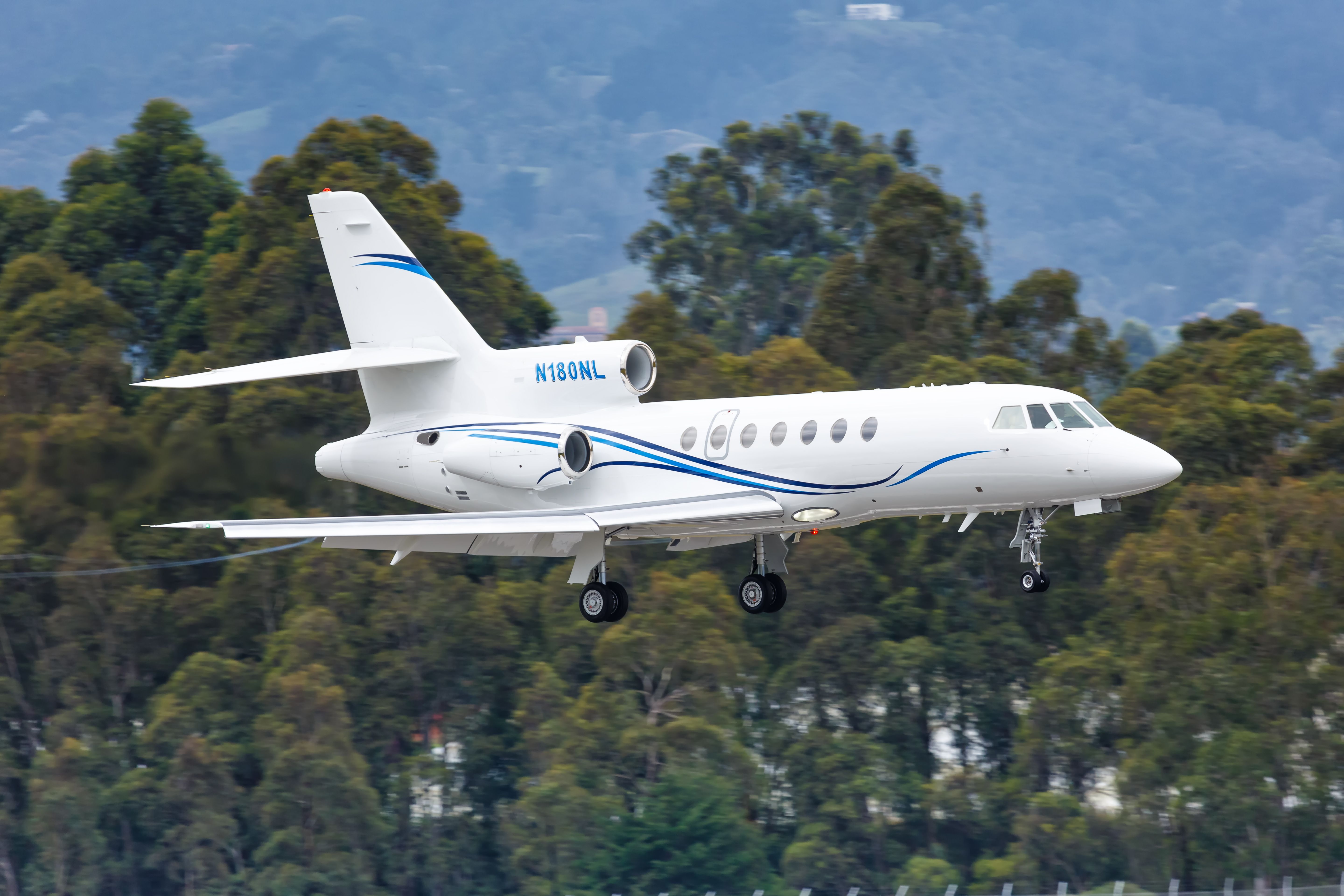 A Dassault Falcon 50 flying at tree level.