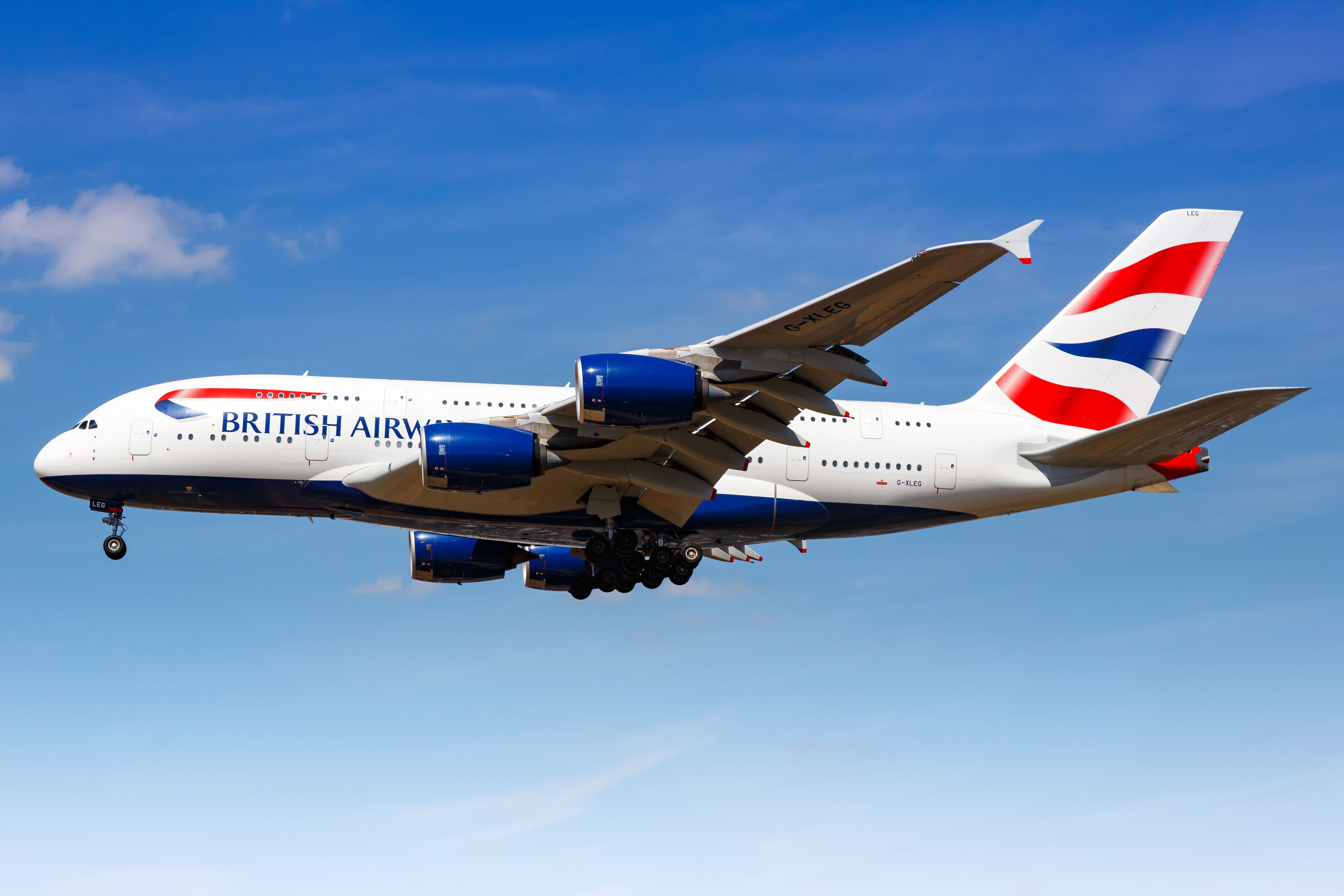 A British Airways Airbus A380 flying in the sky.