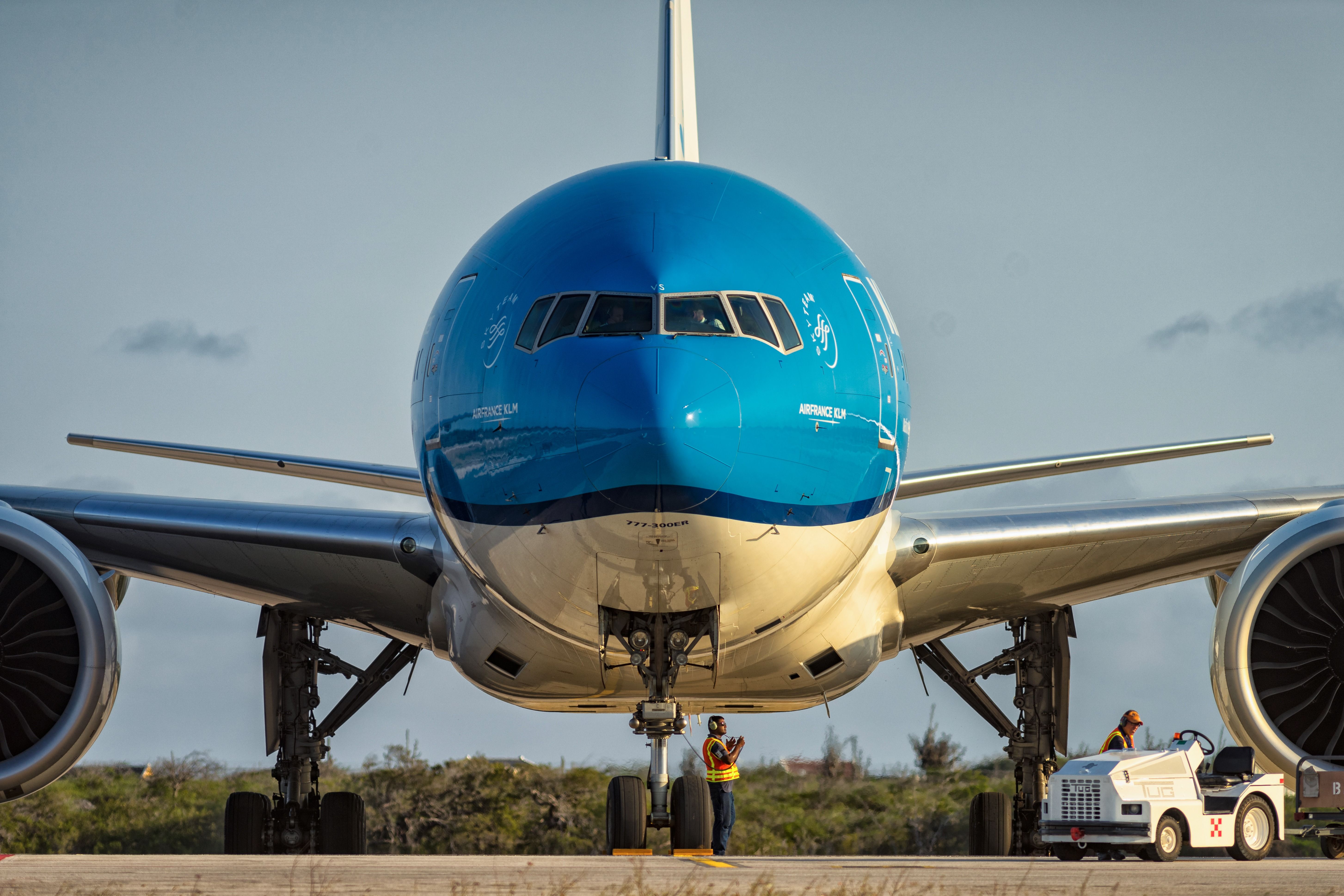A head on view of a KLM Boeing 777-300ER.