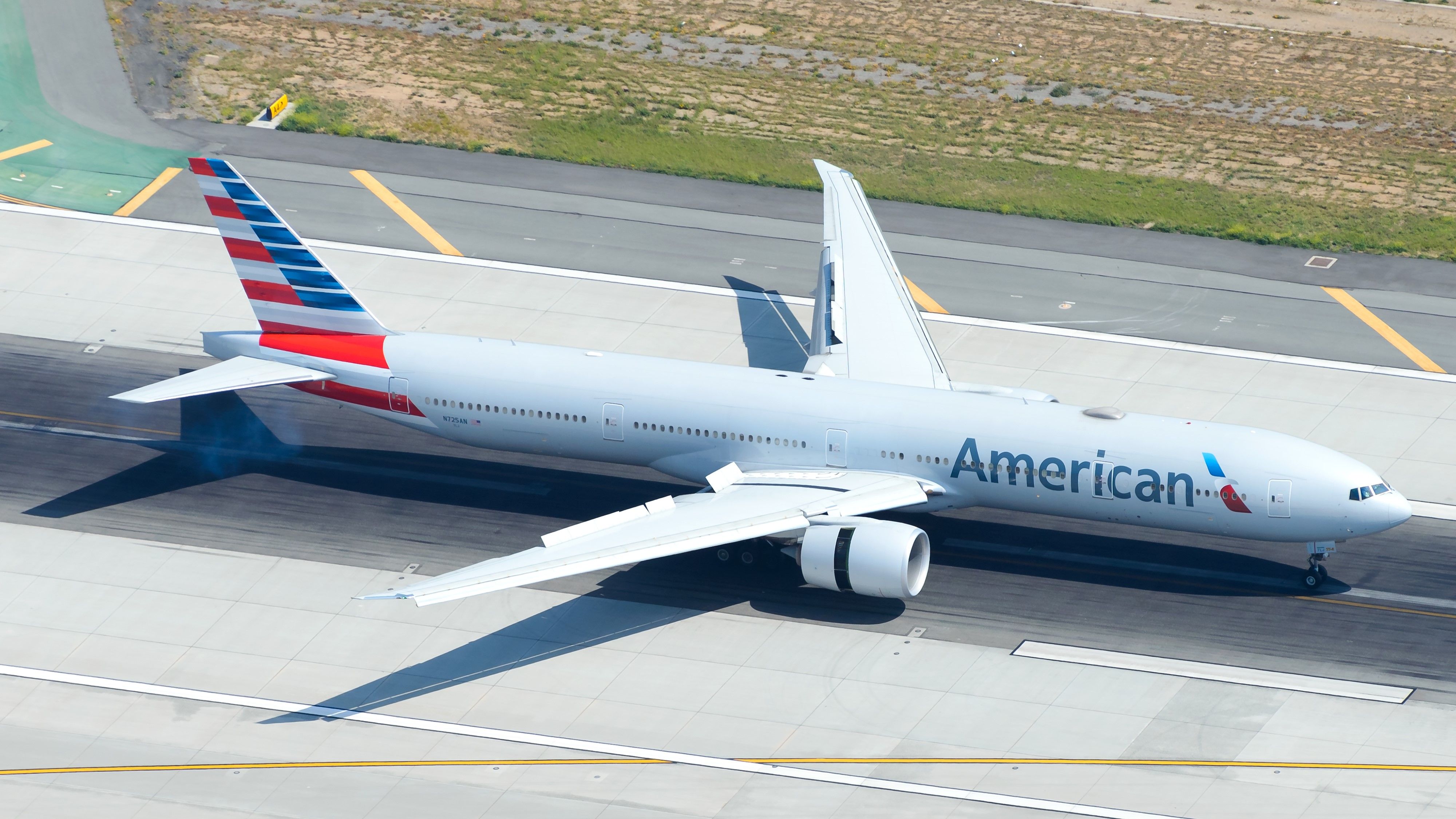 An American Airlines Boeing 777-300ER just after landing in Los Angeles.