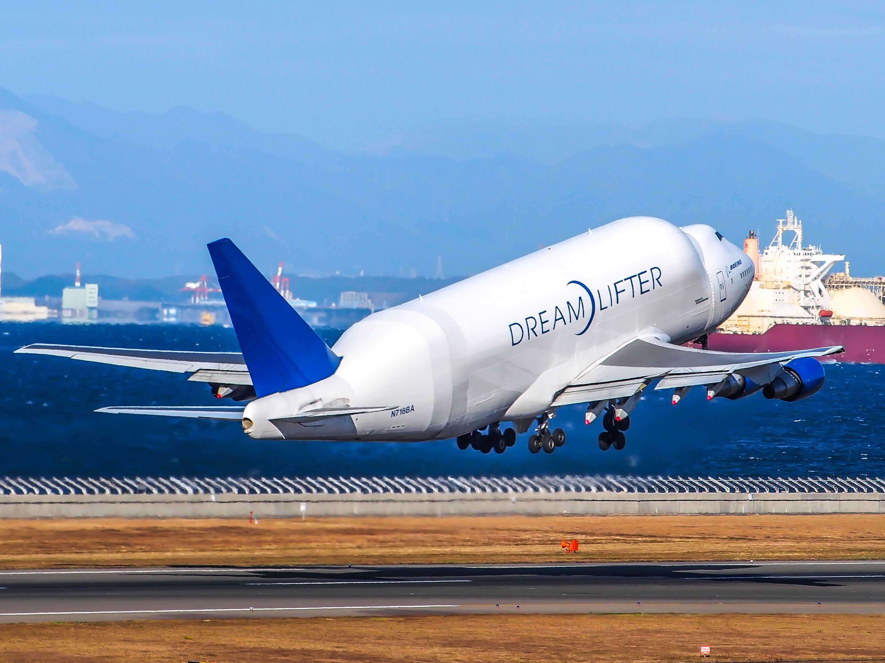 A Boeing Dreamlifter just after take off.