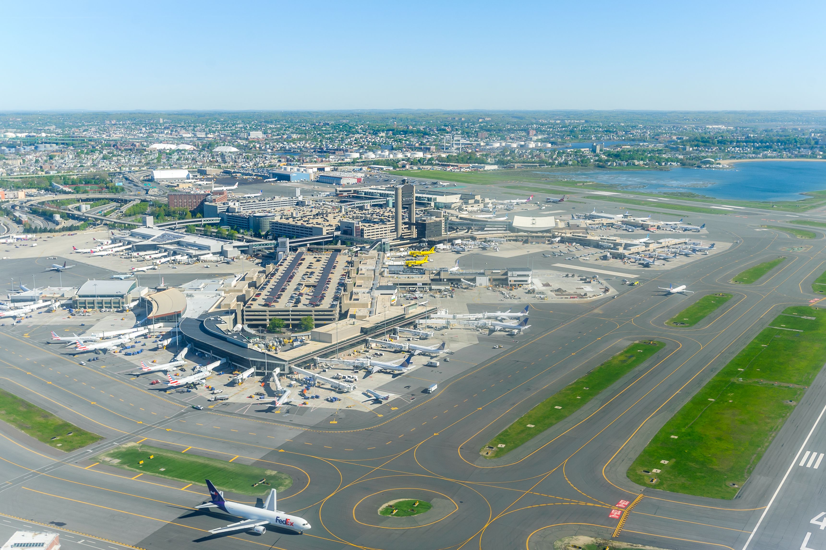 An aerial view of Boston Logan Airport.