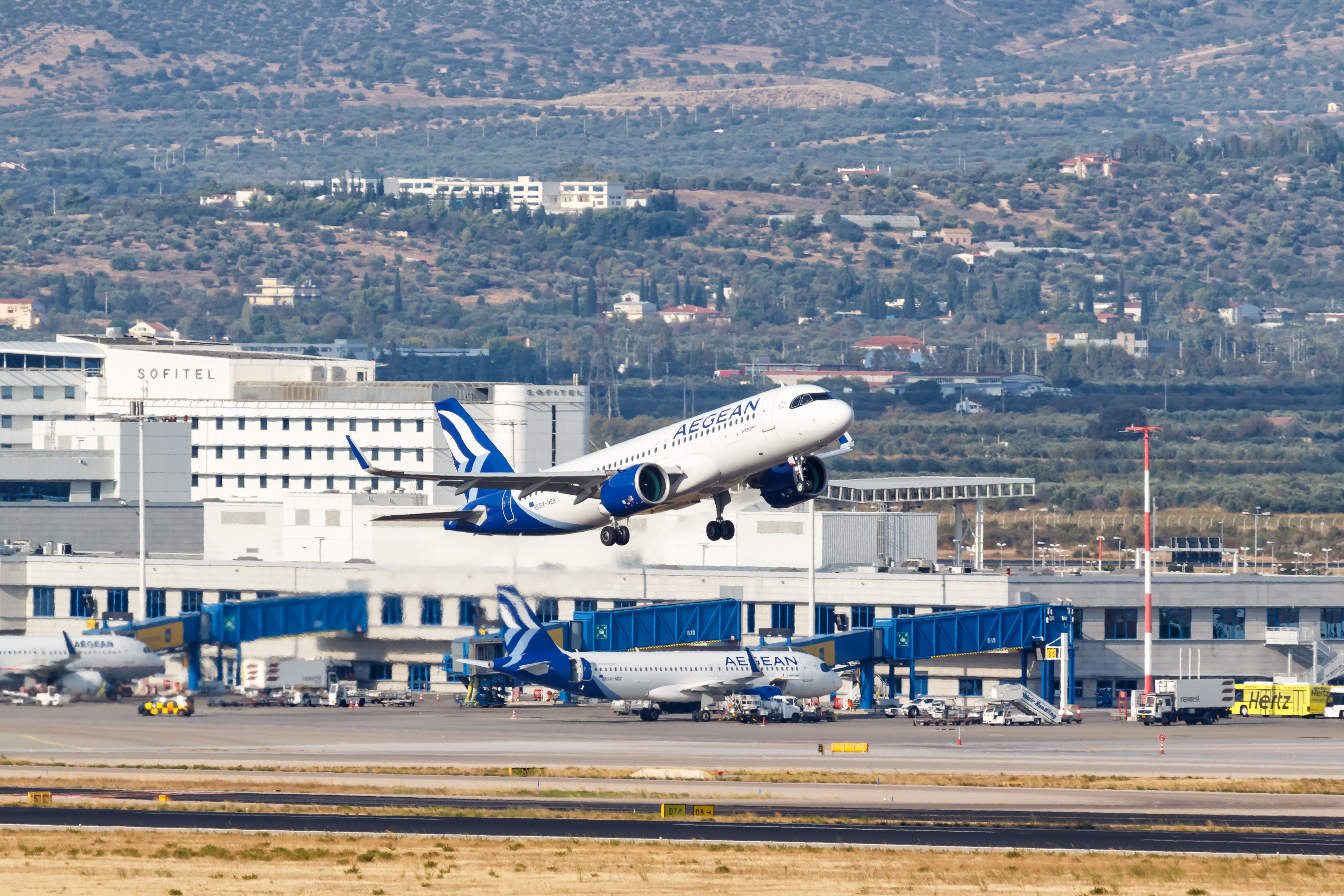 An Aegean Airlines Airbus A320neo just after taking off from Athens Airport.