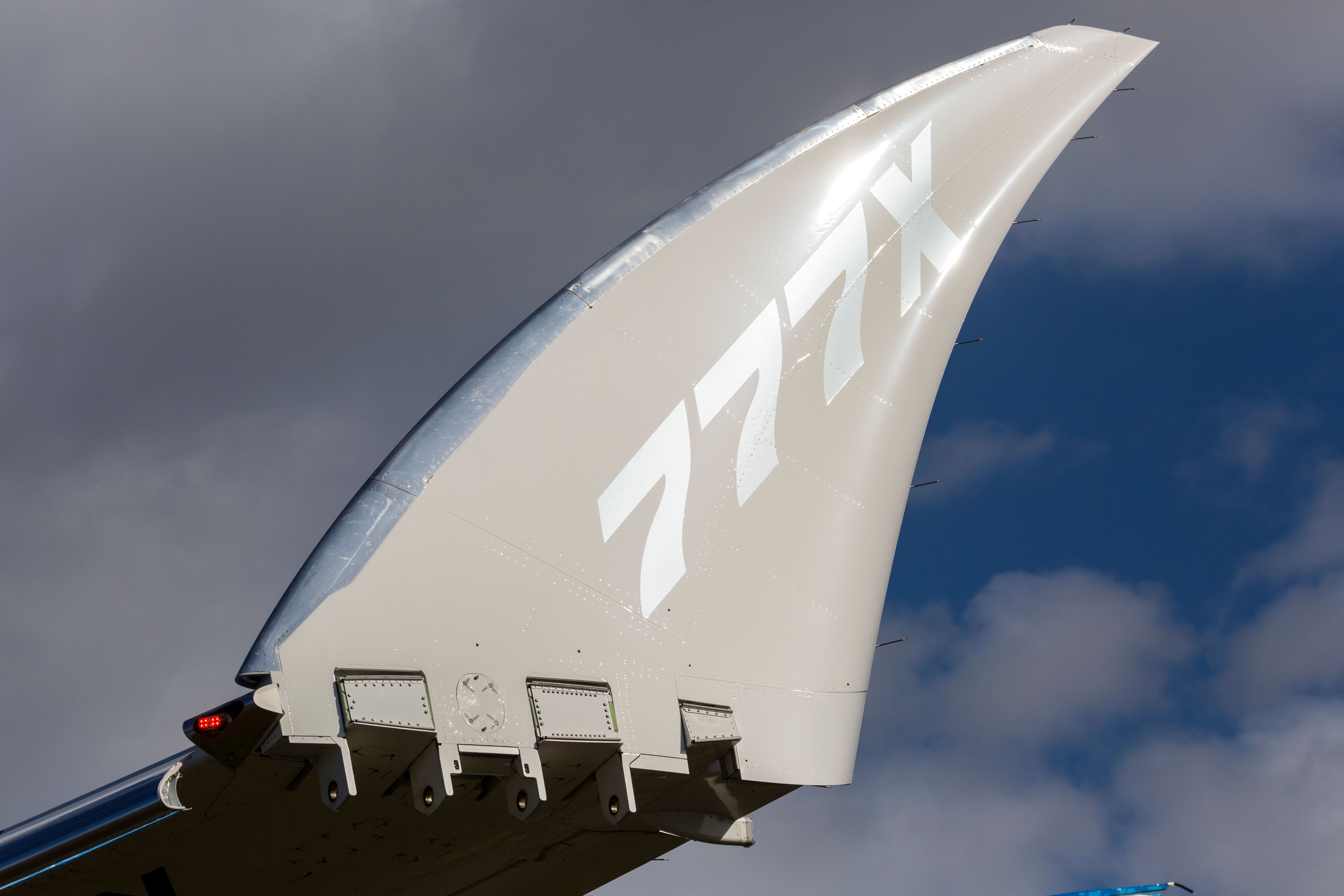 A closeup of the folded wingtips on a Boeing 777X.