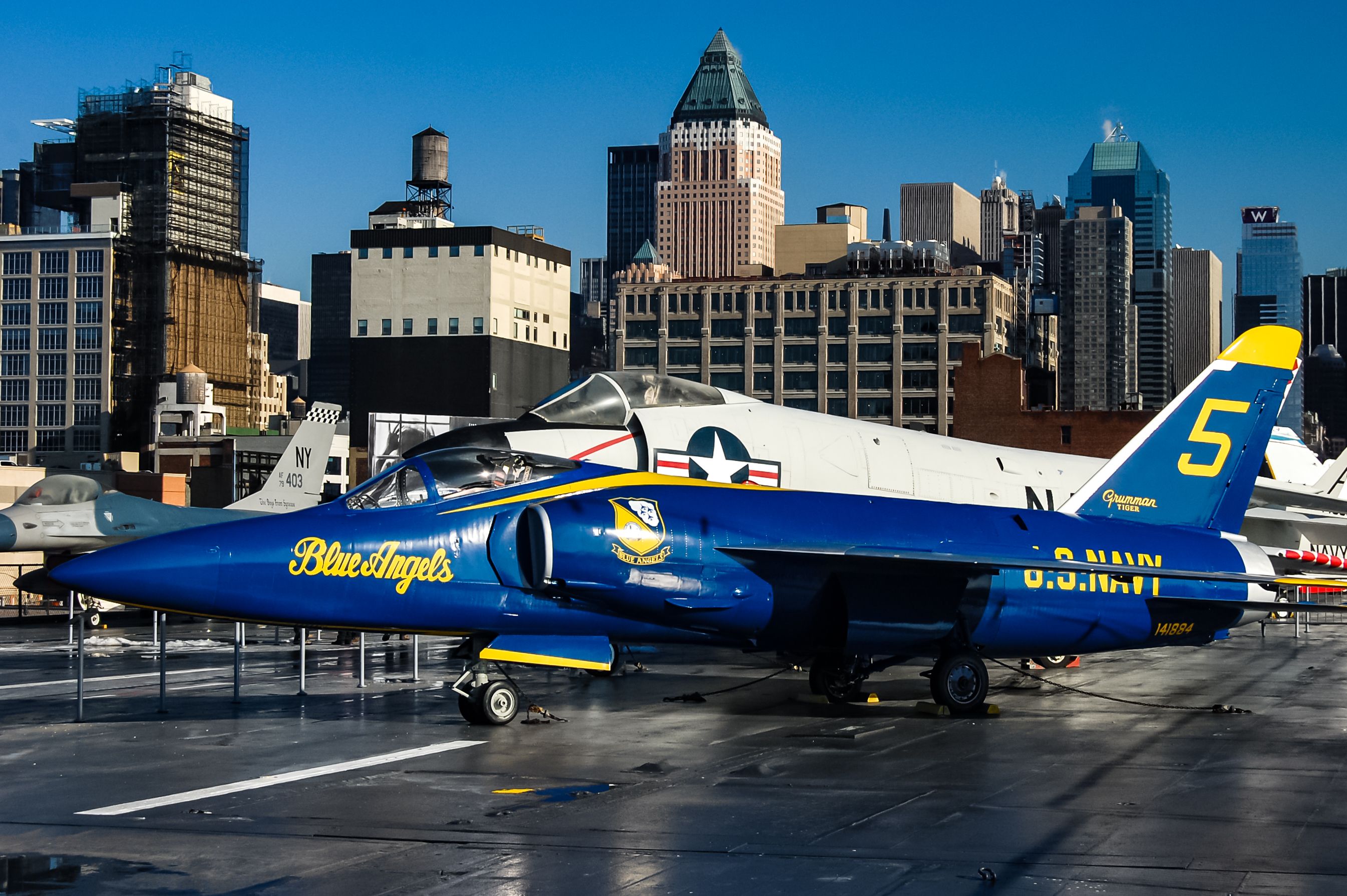 The Blue Angels Grumman F-11 Tiger on the deck of the Intrepid Sea, Air and Space Museum.