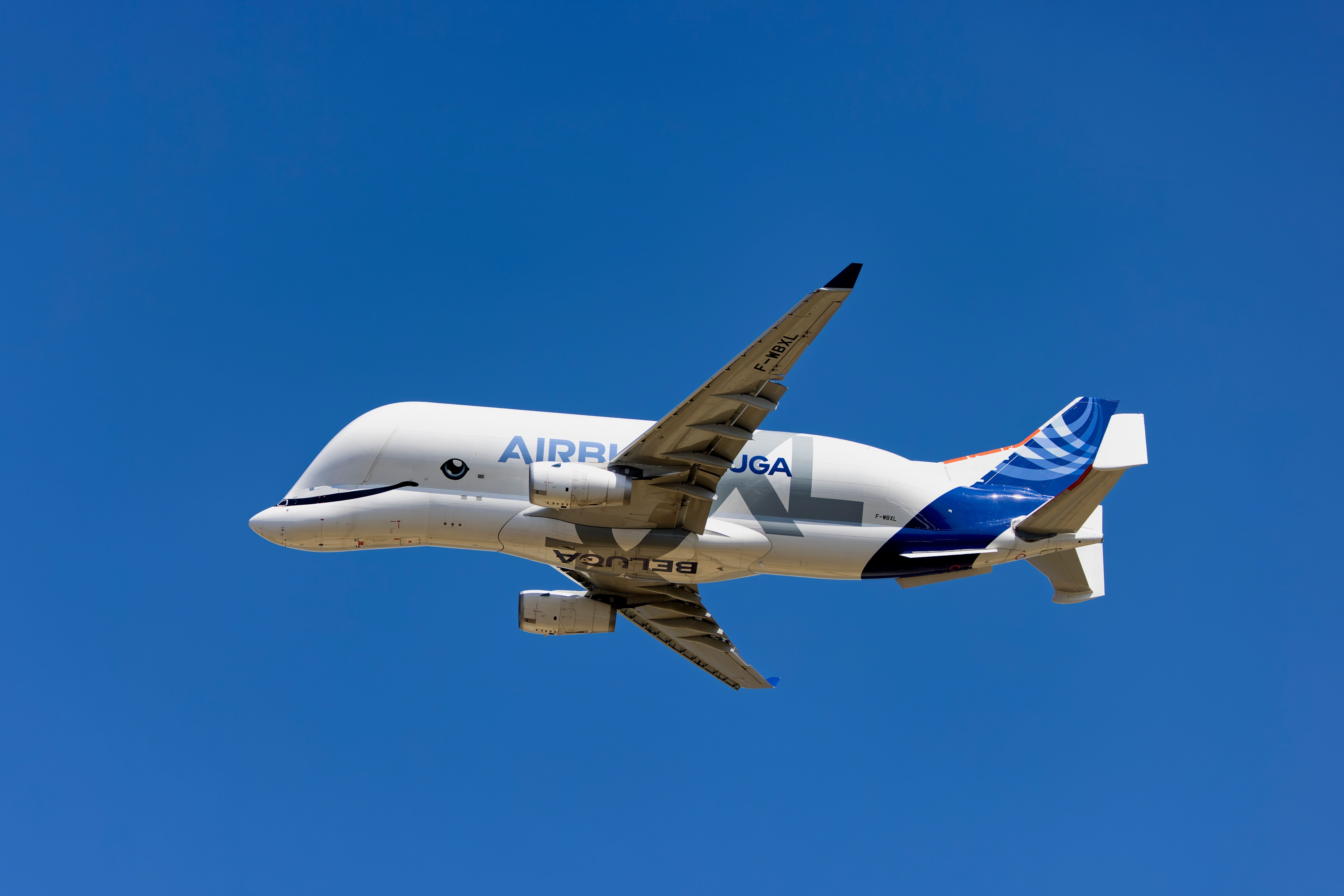An Airbus BelugaXL flying in the sky.