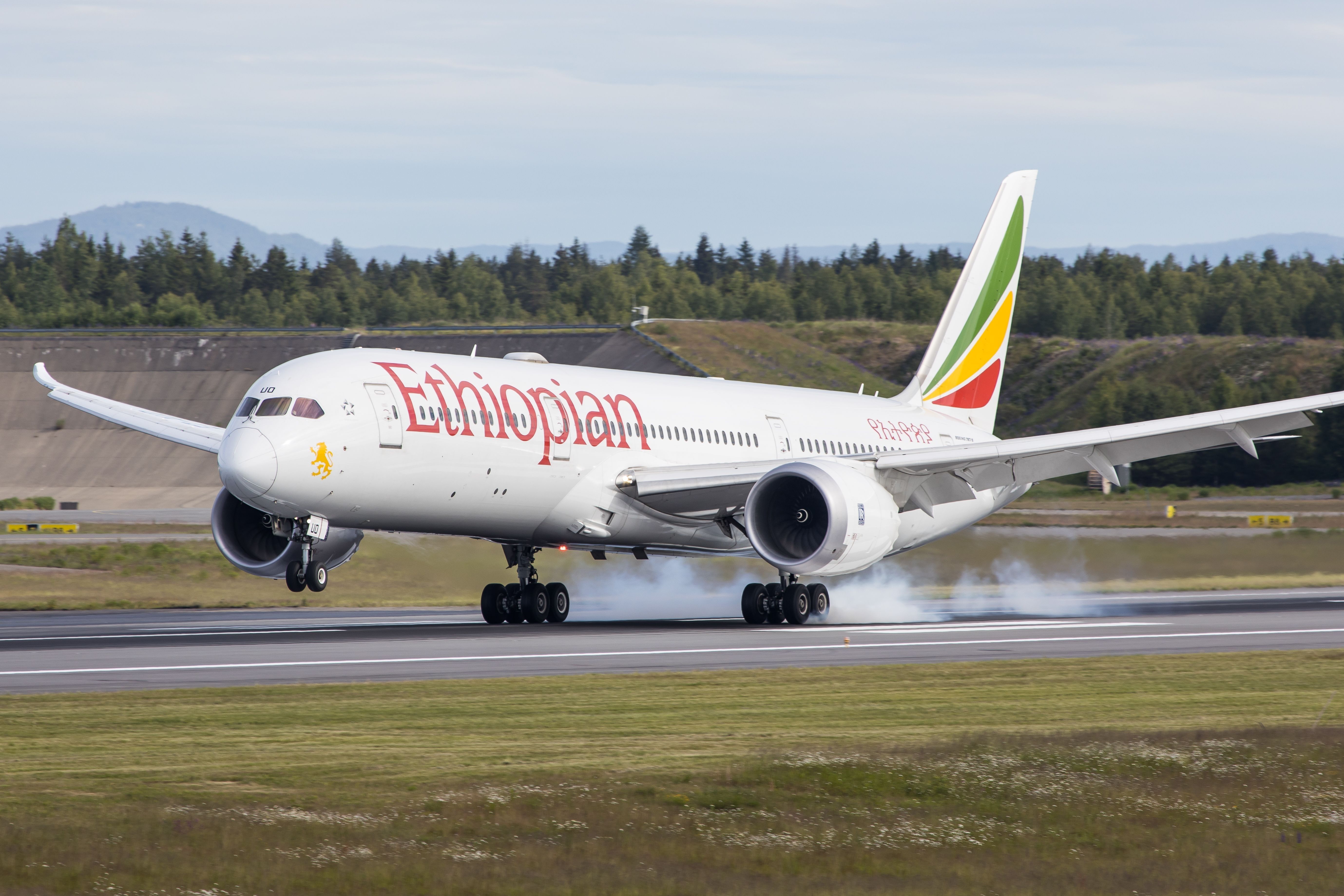 An Ethiopian Airlines Boeing 787-9 Dreamliner aircraft landing in Oslo in Norway.