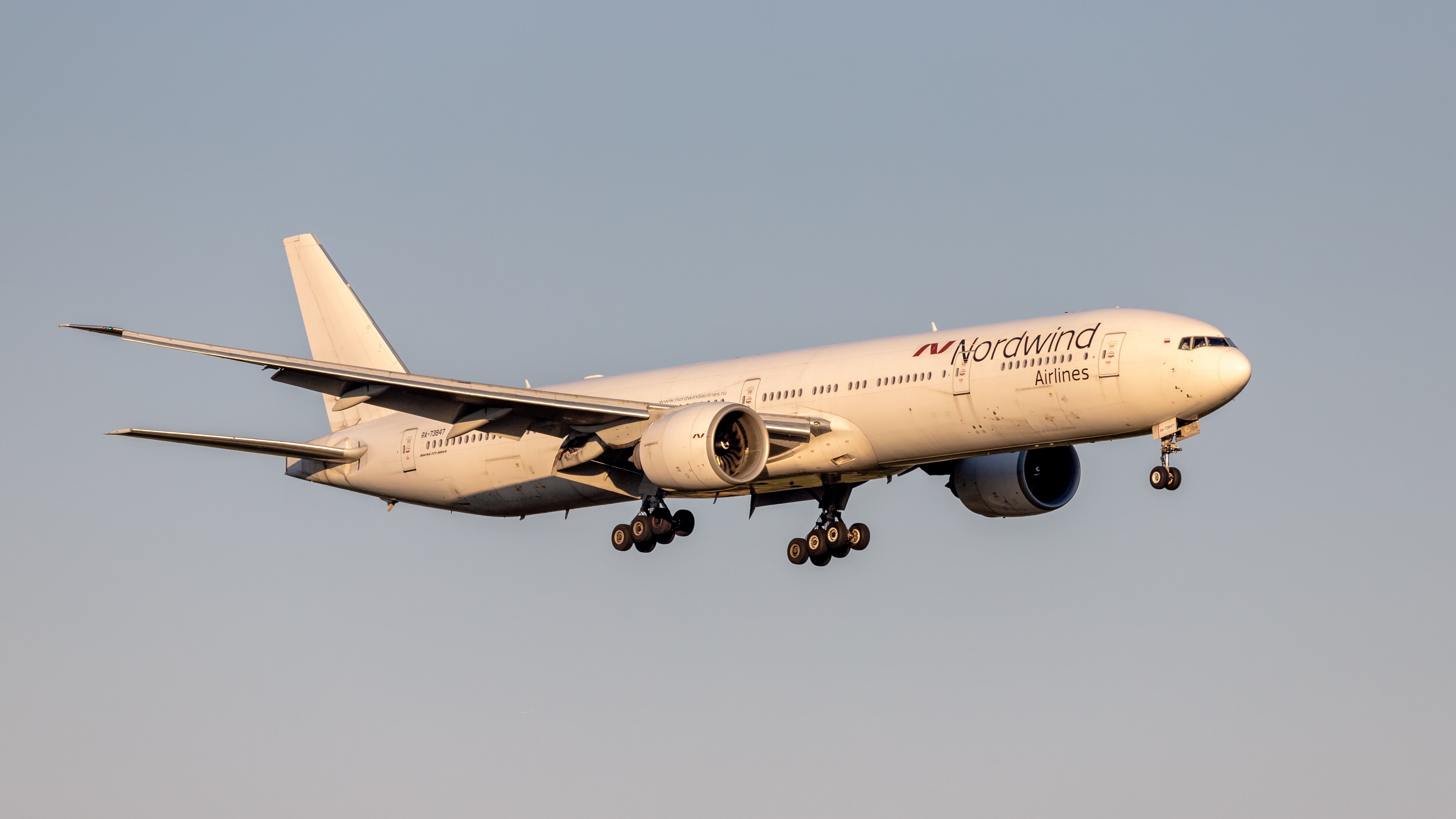 A Nordwind Airlines Boeing 777-300ER about to land.