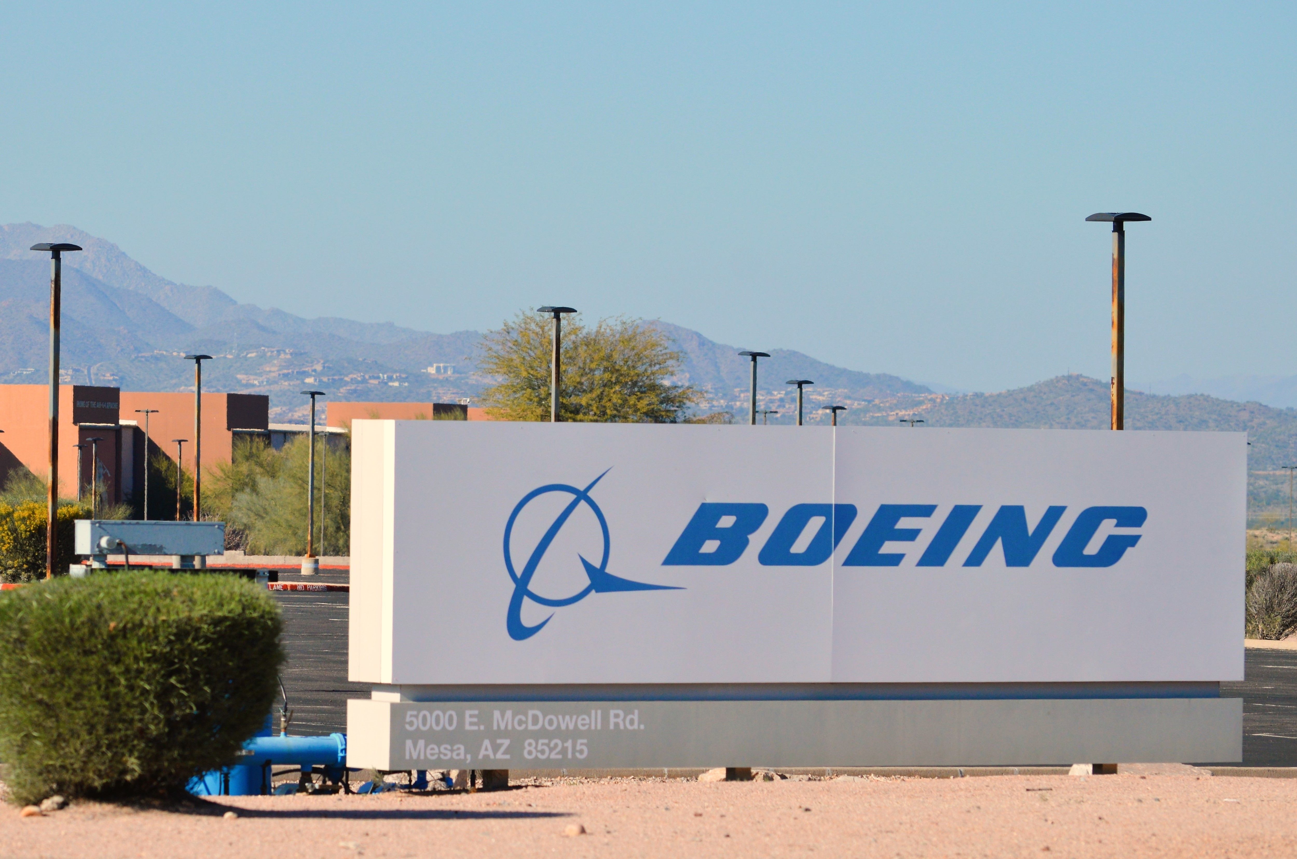 The Boeing company sign at its facility in Mesa, Arizona.