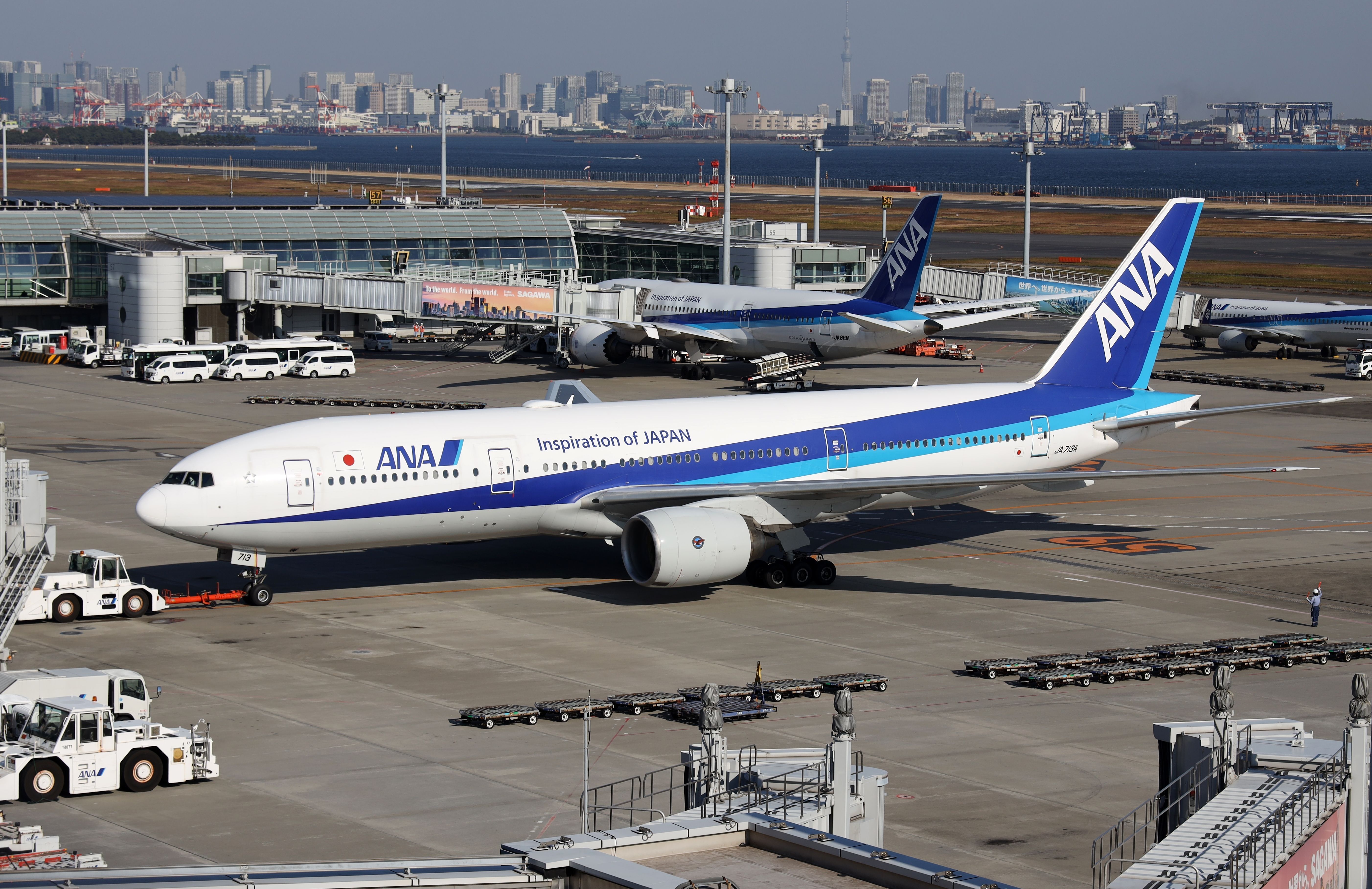 An ANA Boeing 777-200 Taxiing In Tokyo.