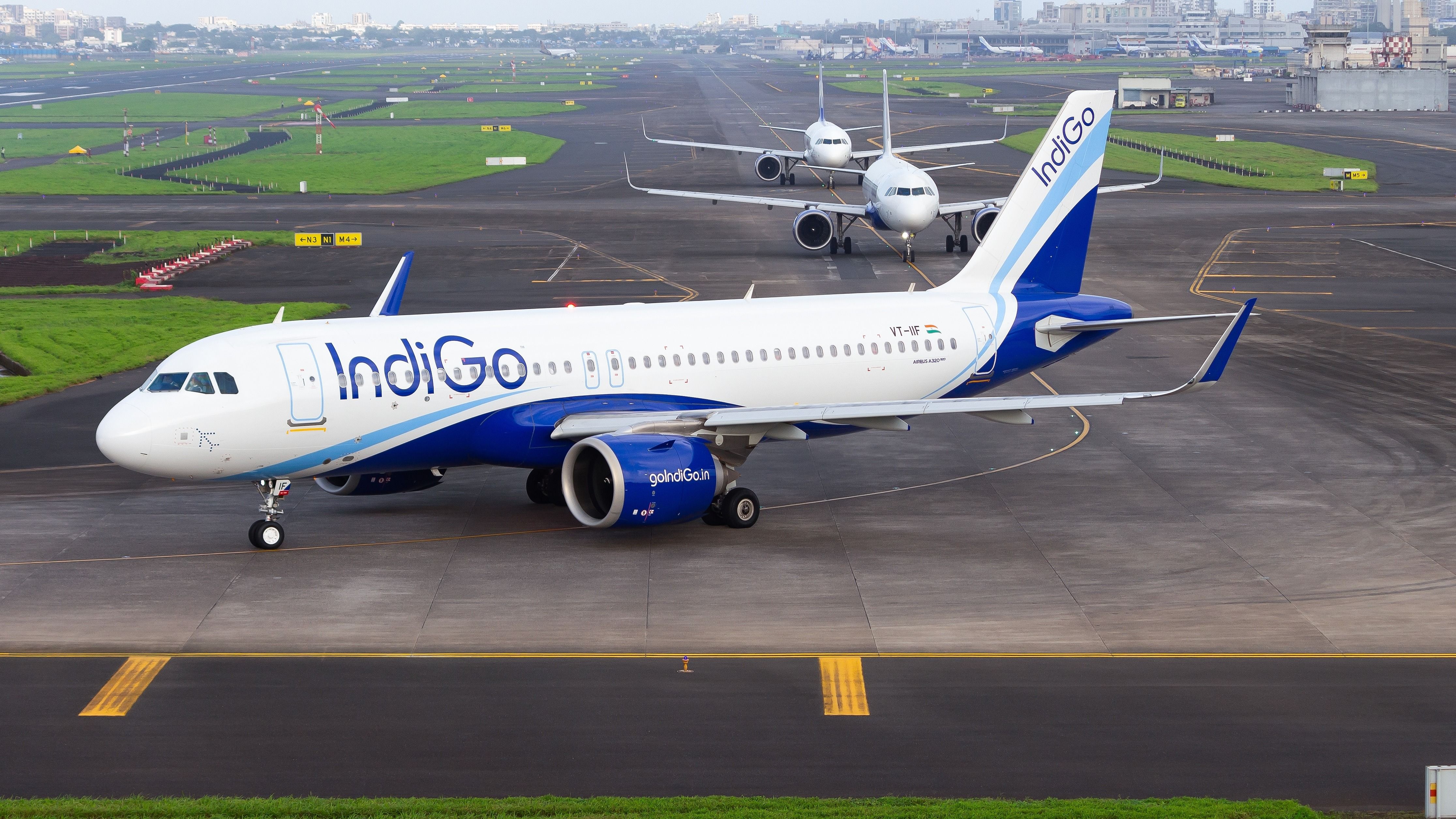 An IndiGo Airbus A321neo taxiing at the airport