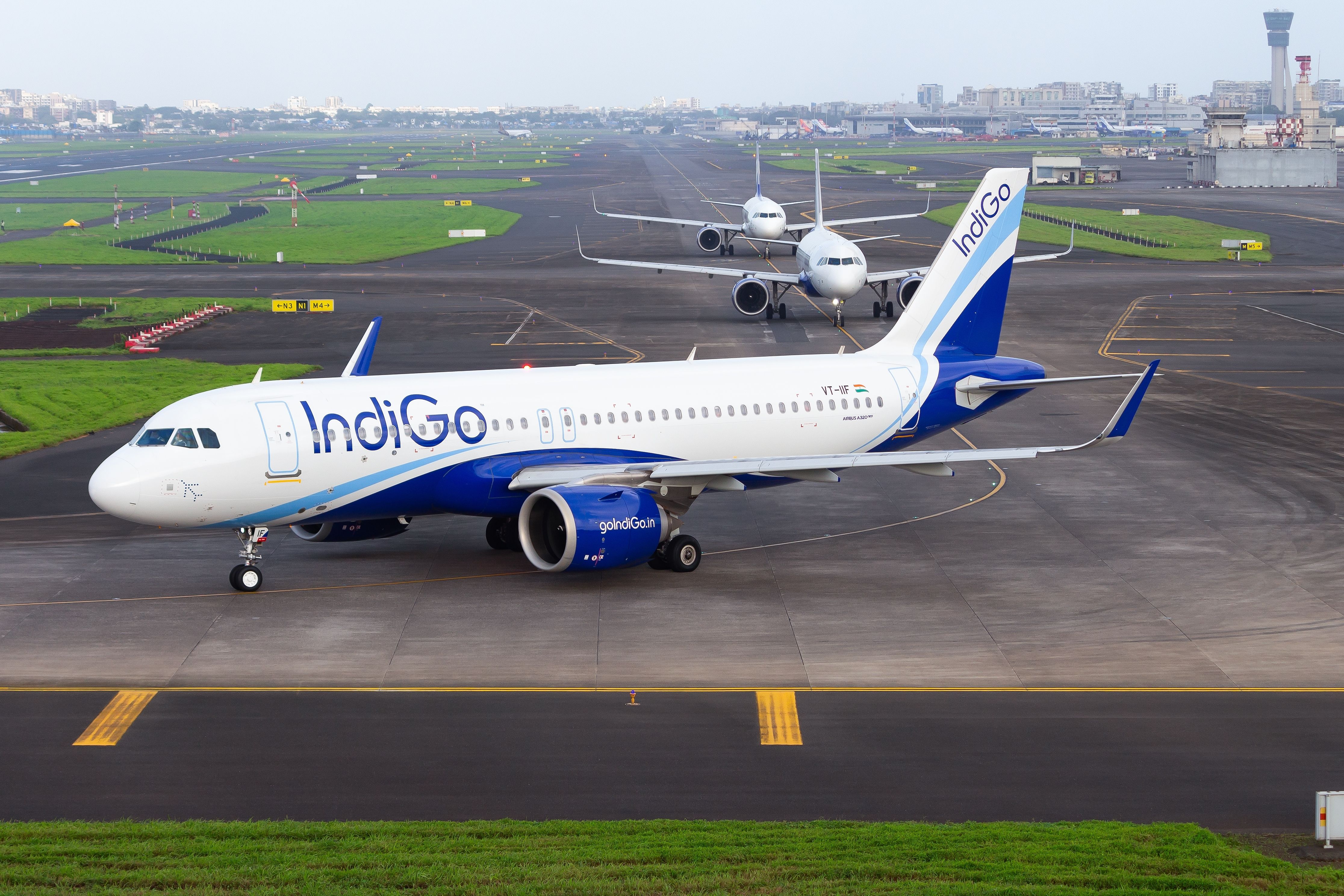Indigo A320neo taxiing at an airport