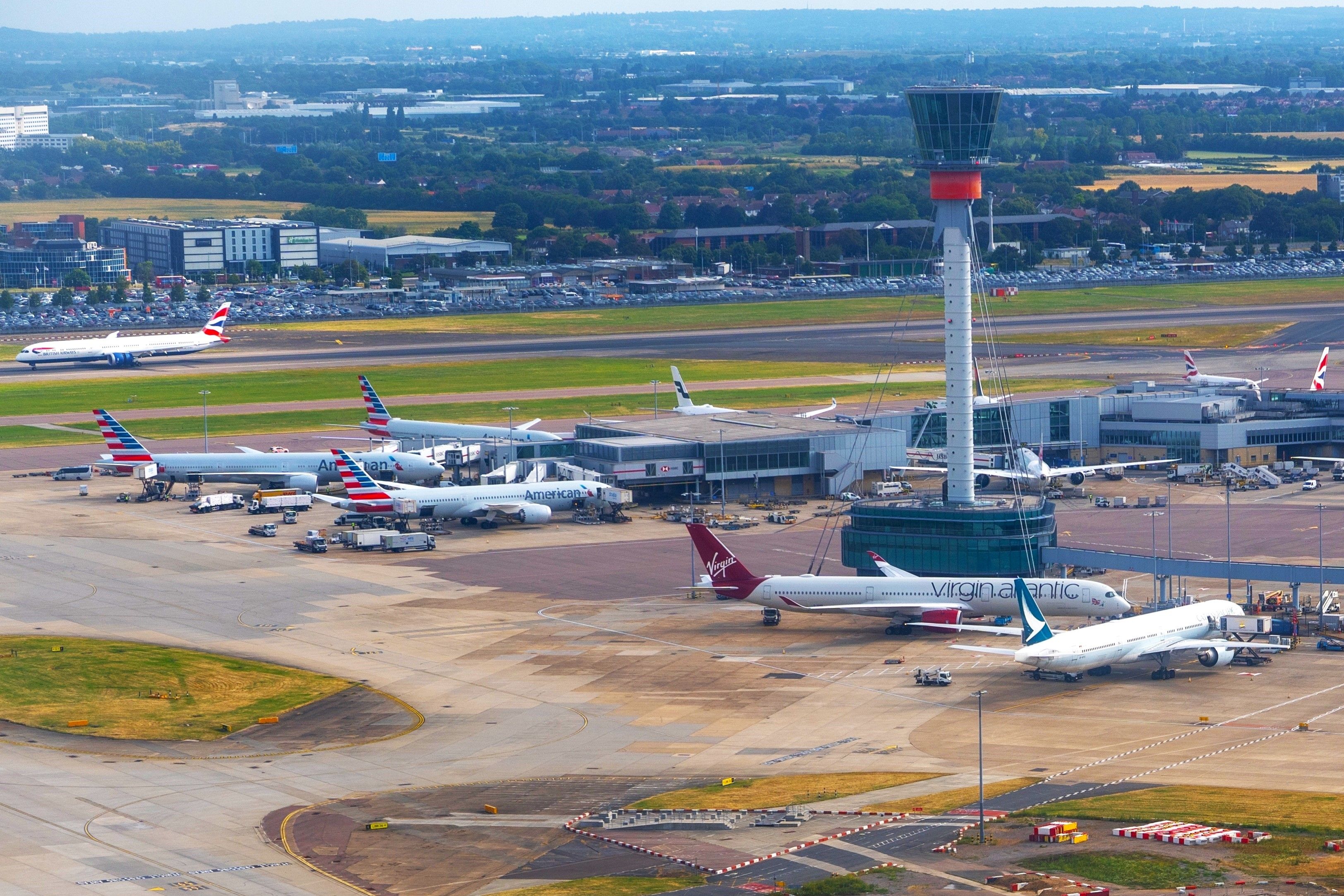 shutterstock_2337633355 - 3x2 - July 20 2023: London Heathrow aerial view of Terminal 3 and control tower