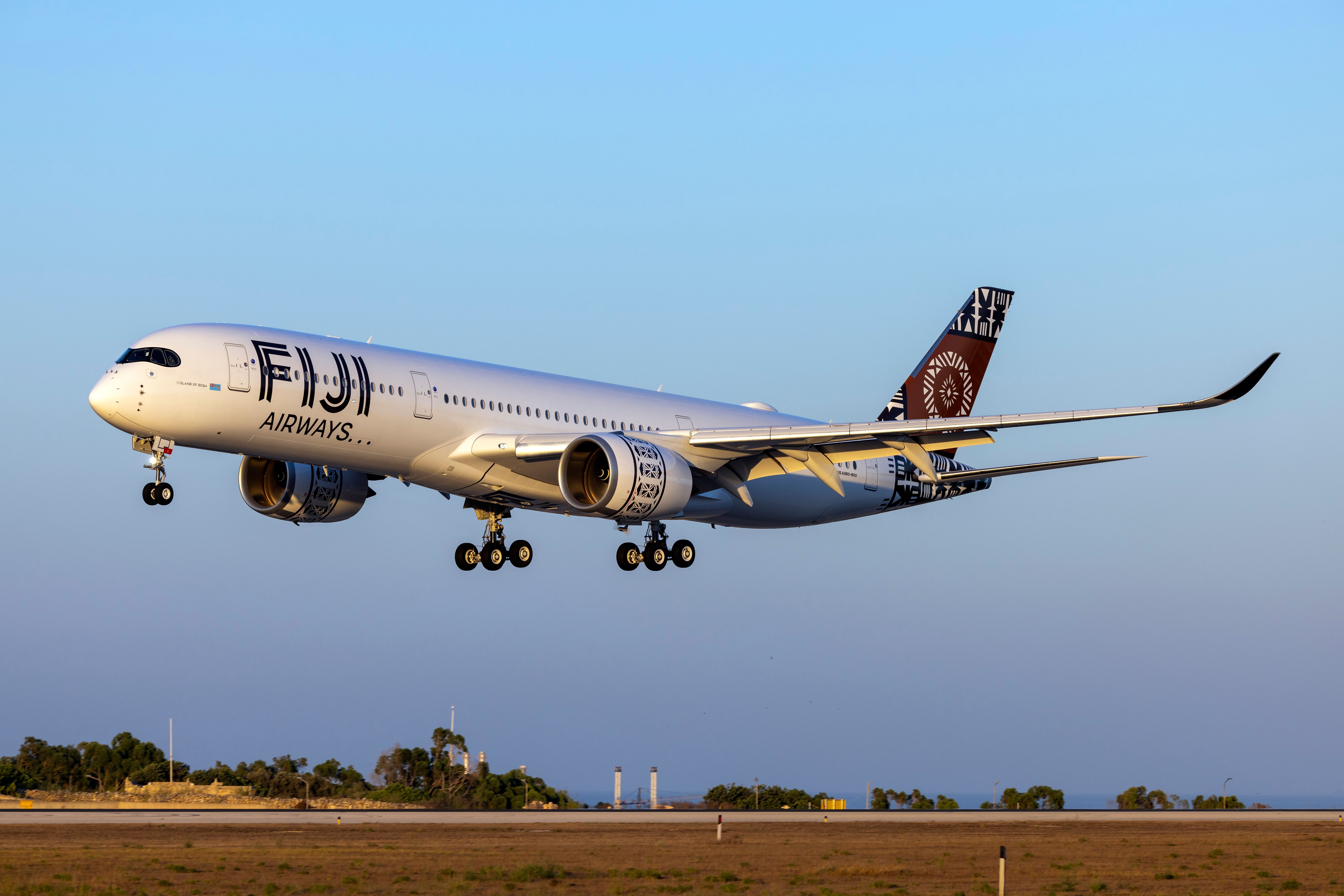 A Fiji Airways Airbus A350-900 about to land.
