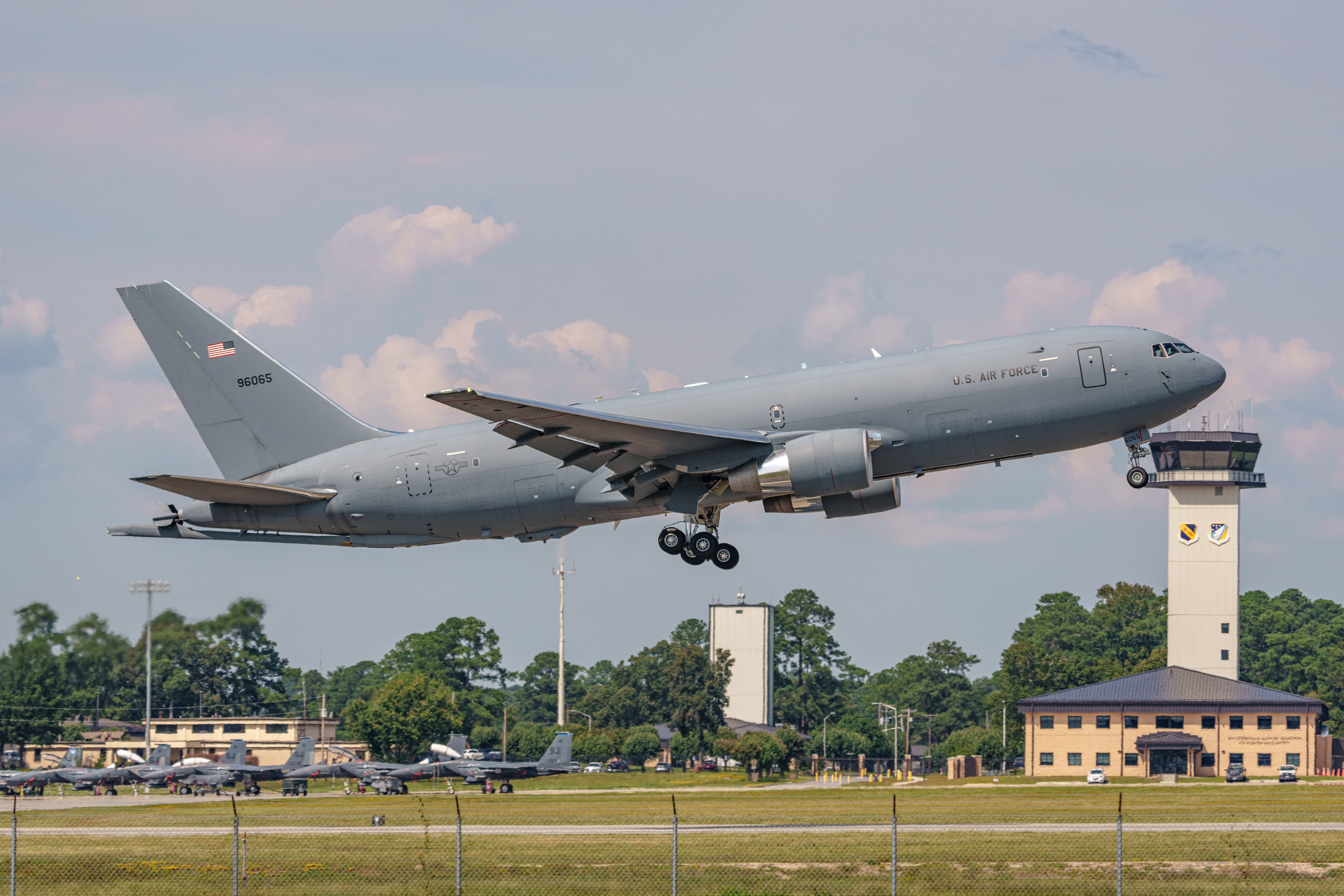 A USAF Boeing KC-46 Pegasus taking off.