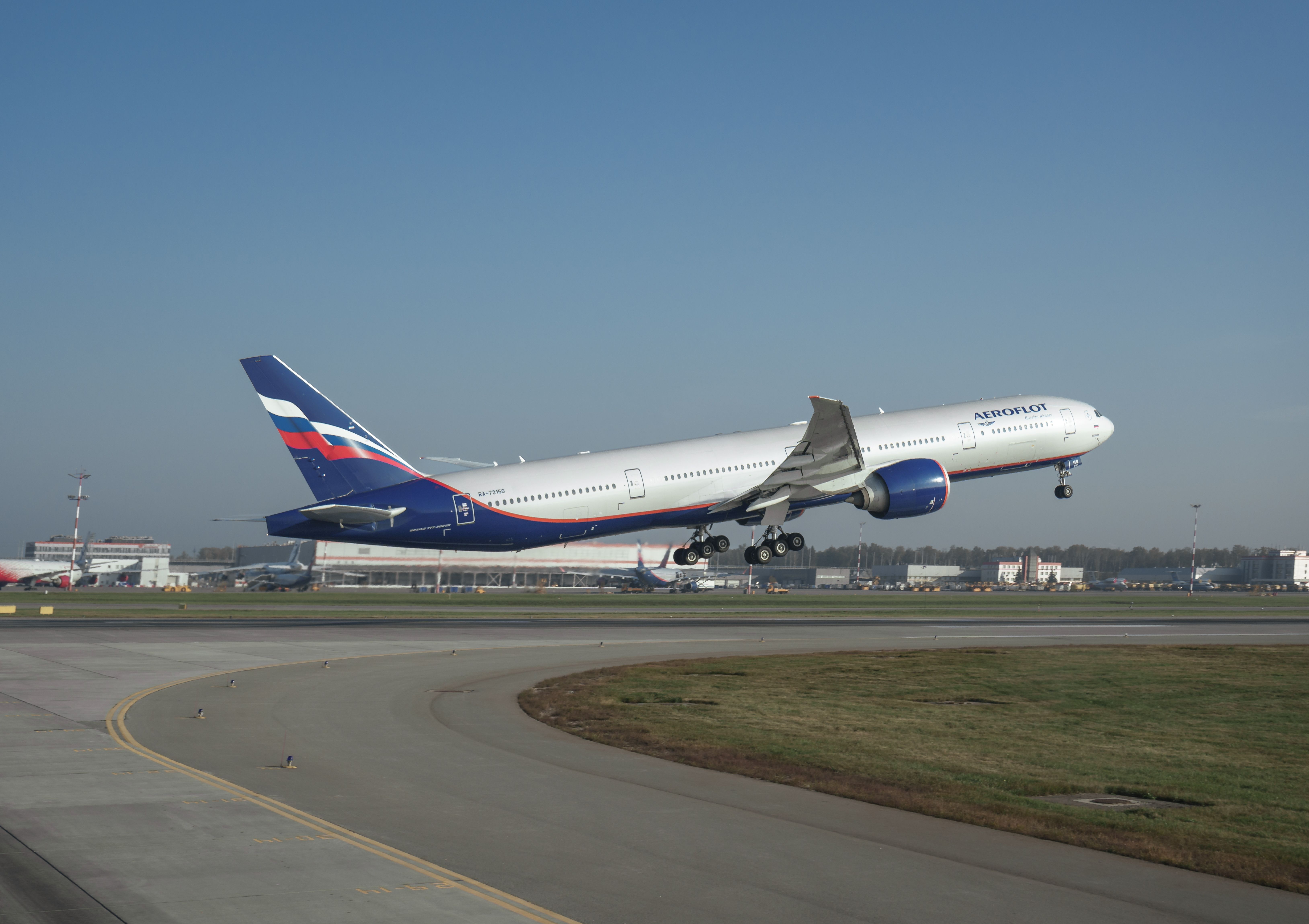 shutterstock_2369946087 - Moscow, Russia - 12 September 2023: Boeing 777-300ER RA-73150 Aeroflot Russian airlines taking off from Sheremetyevo airport.