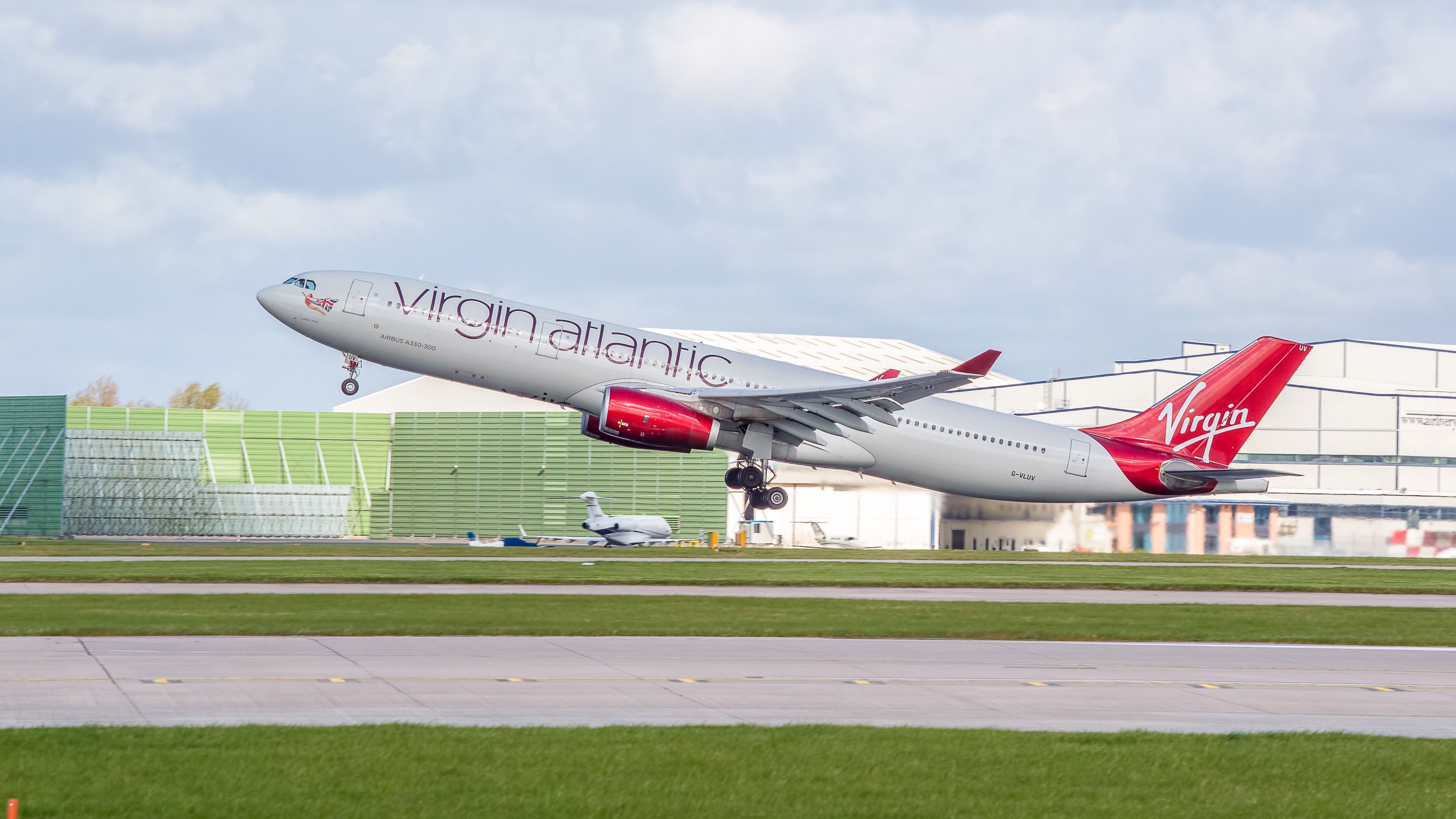 A Virgin Atlantic Airbus A330 taking off from Manchester airport.