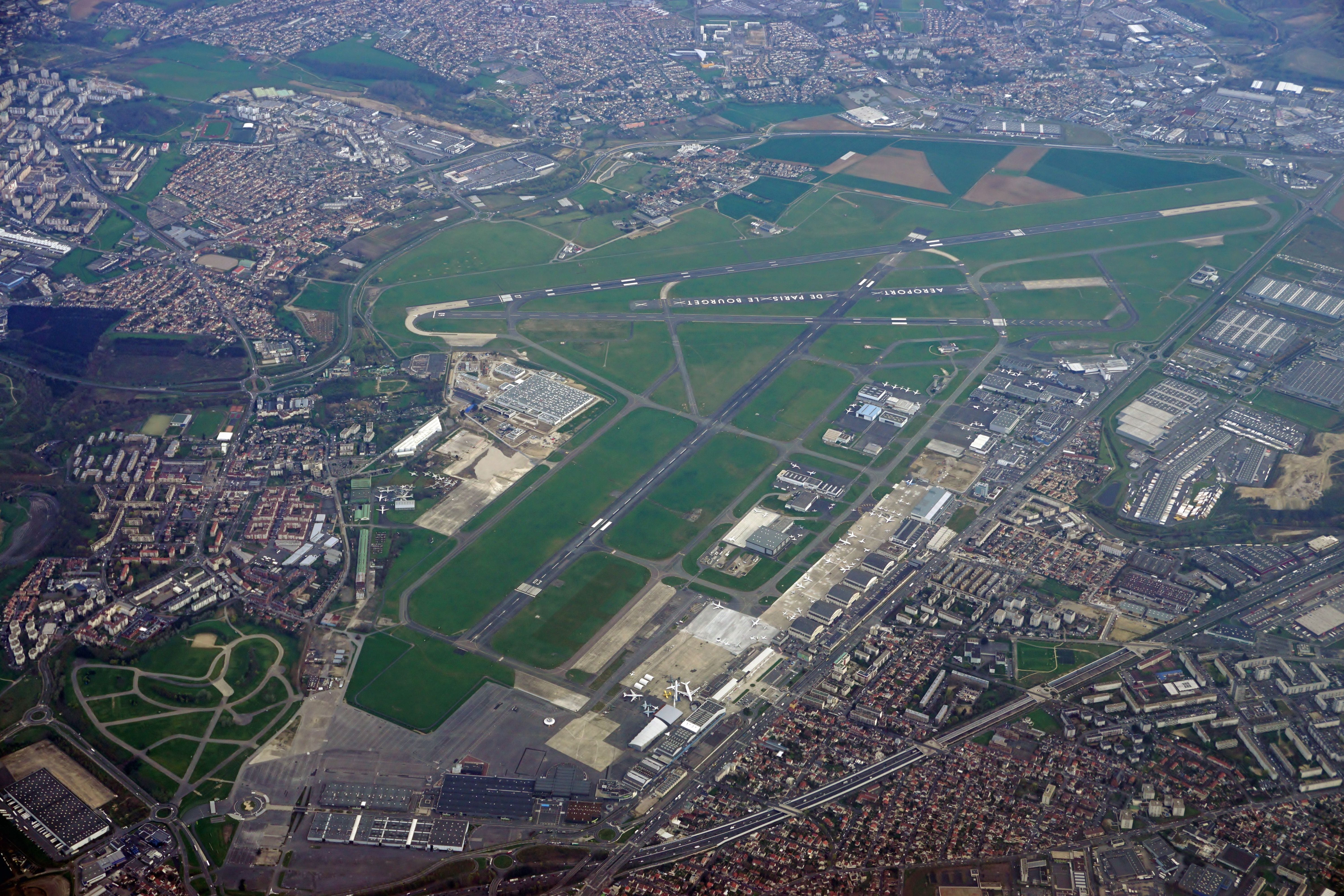 An aerial view of Paris Le Bourget airport.