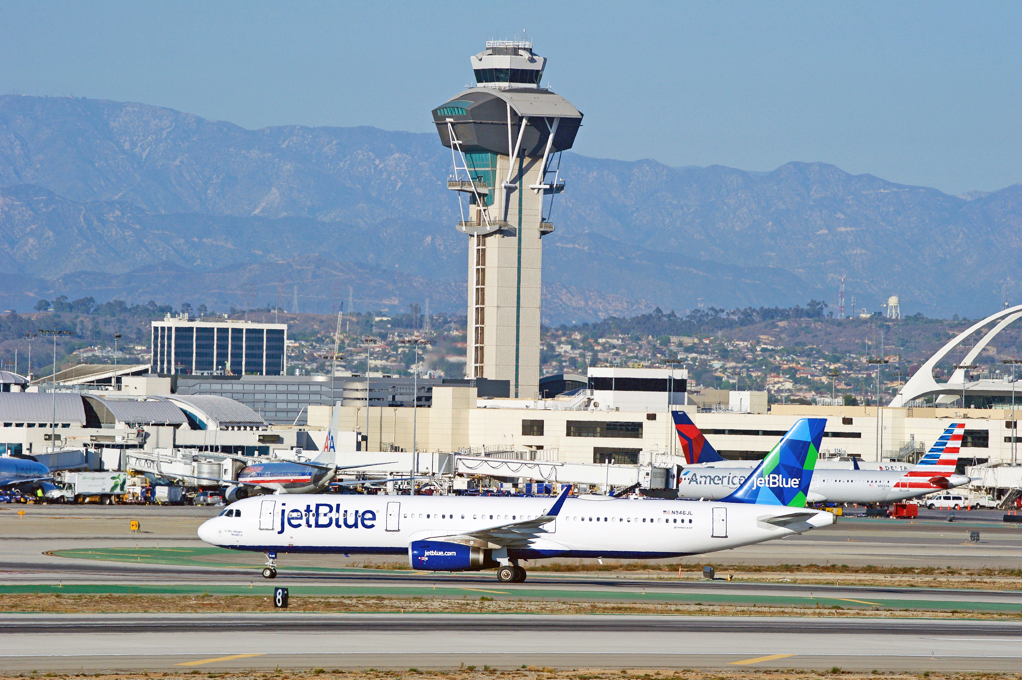 A jetBlue aircraft about to take off from Los Angeles International Airport.