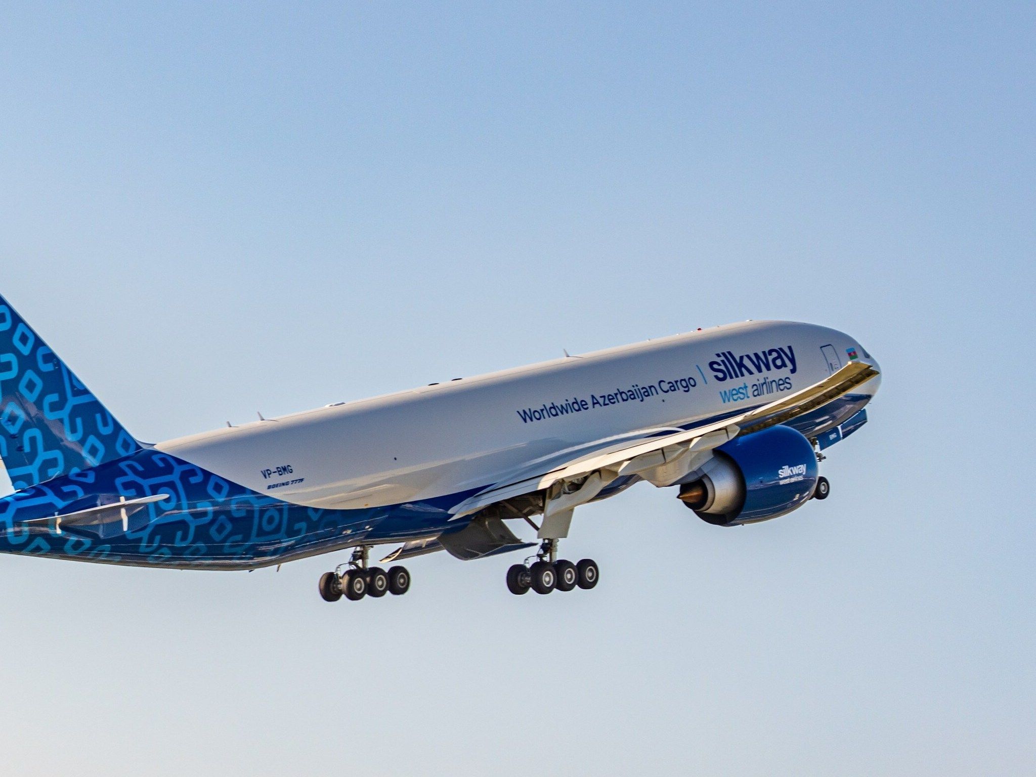 Silk Way West Airlines' first Boeing 777F departing towards Baku, Azerbaijan