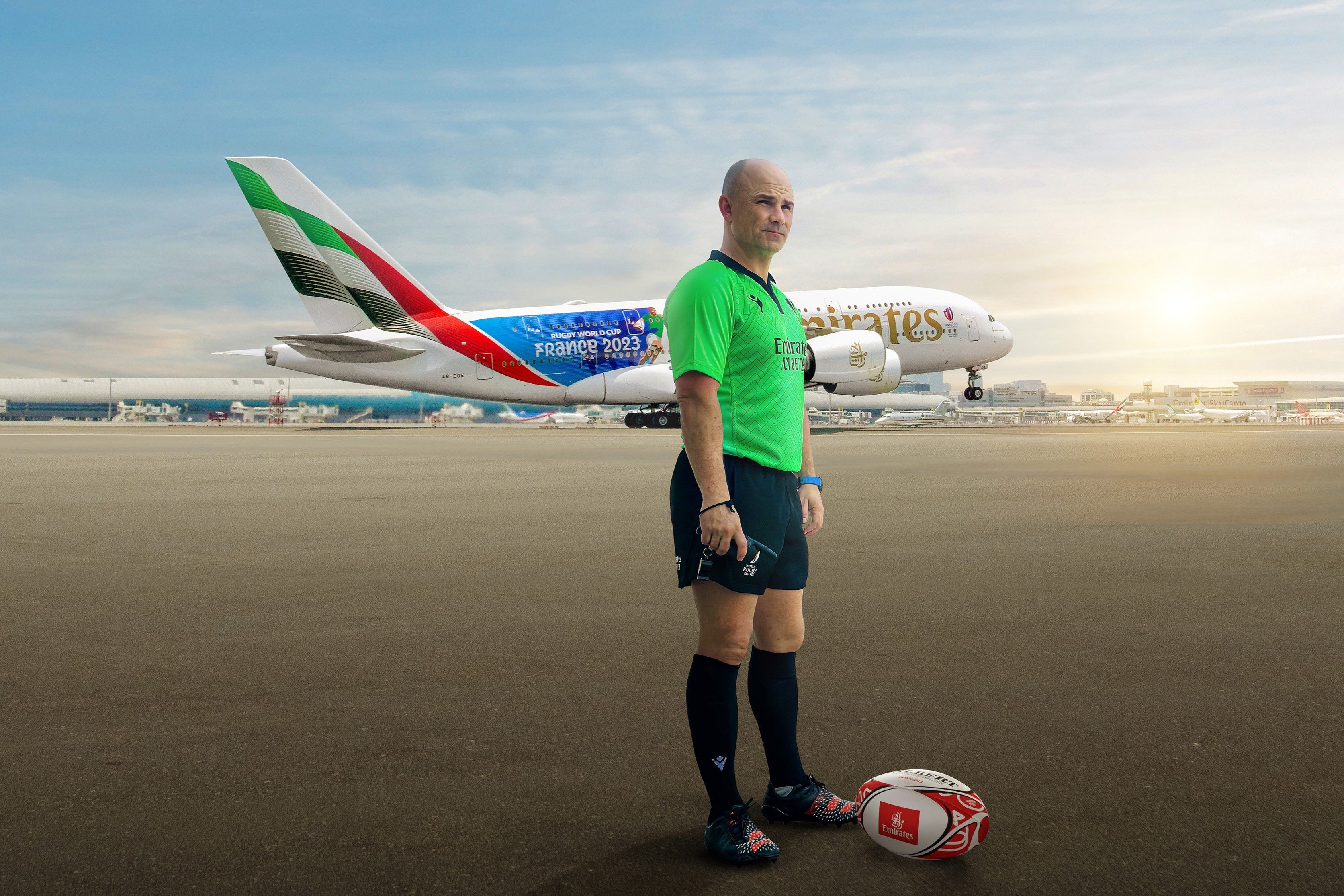 An Emirates Airbus A380 With A Rugby Referee In Foreground.