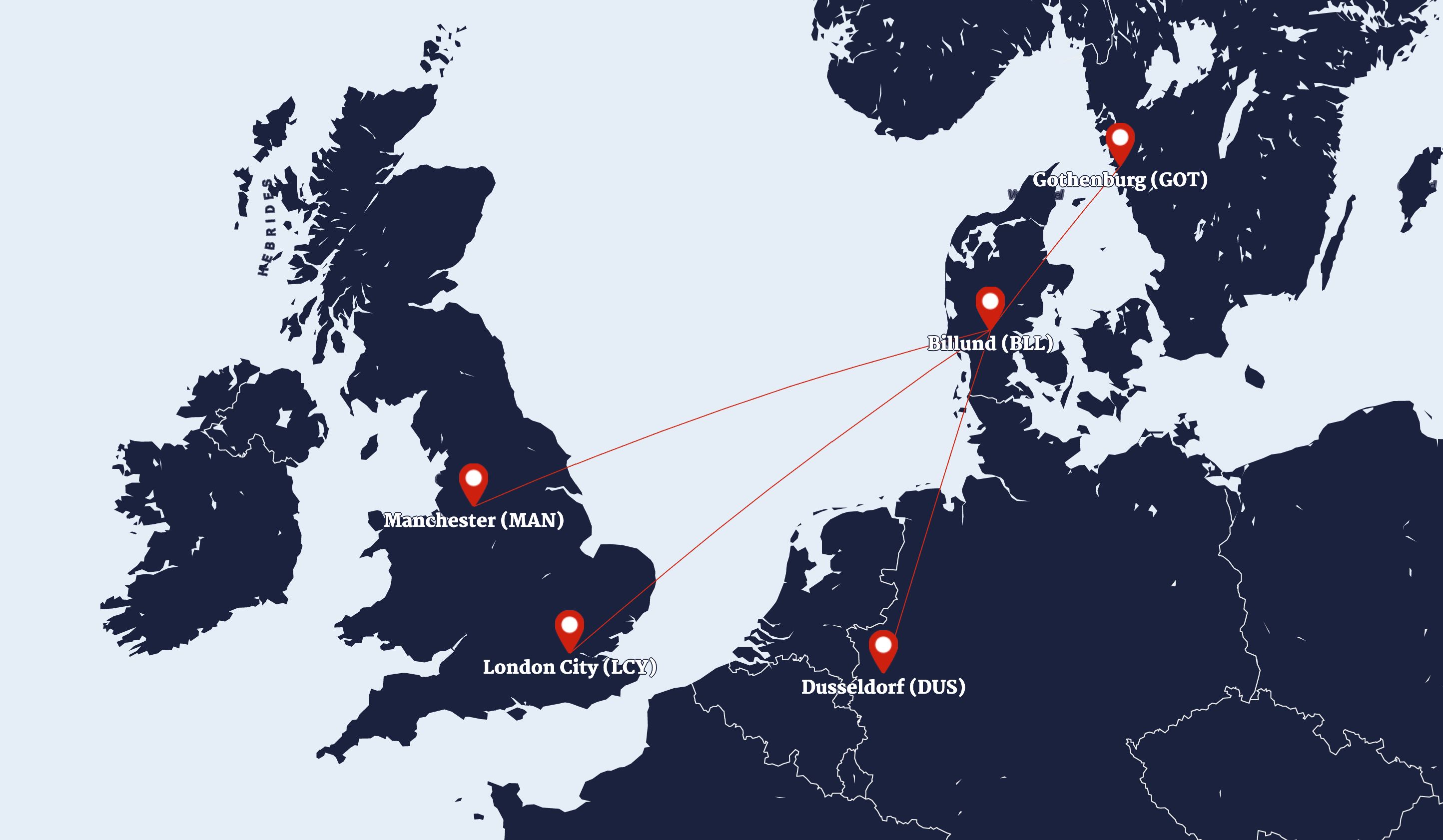 A route map of the destinations served by SUN-AIR.