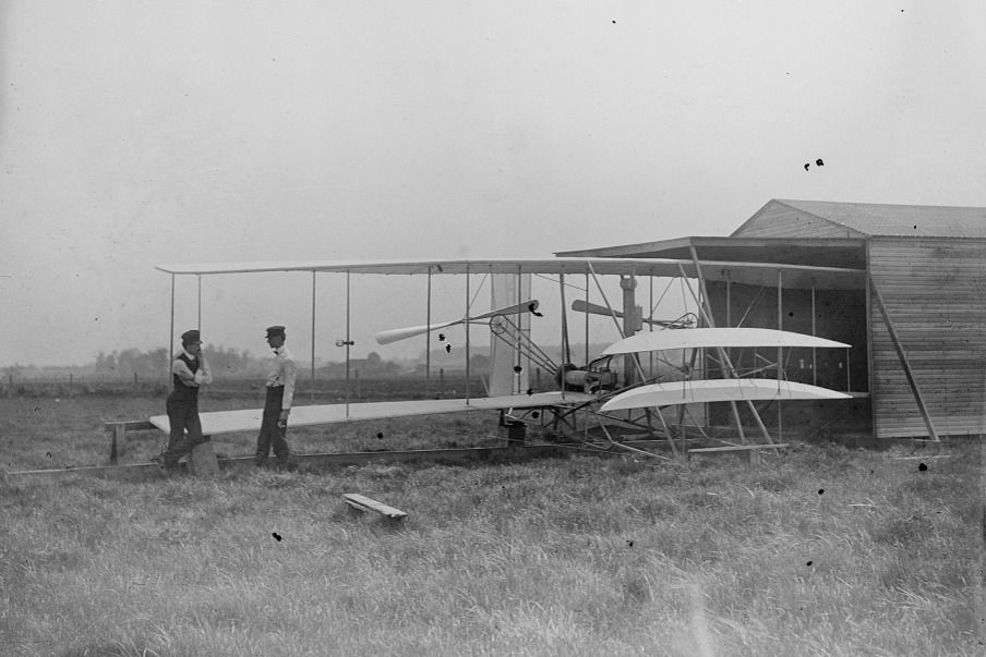 [Wilbur and Orville Wright with their second powered machine; Huffman Prairie, Dayton, Ohio]