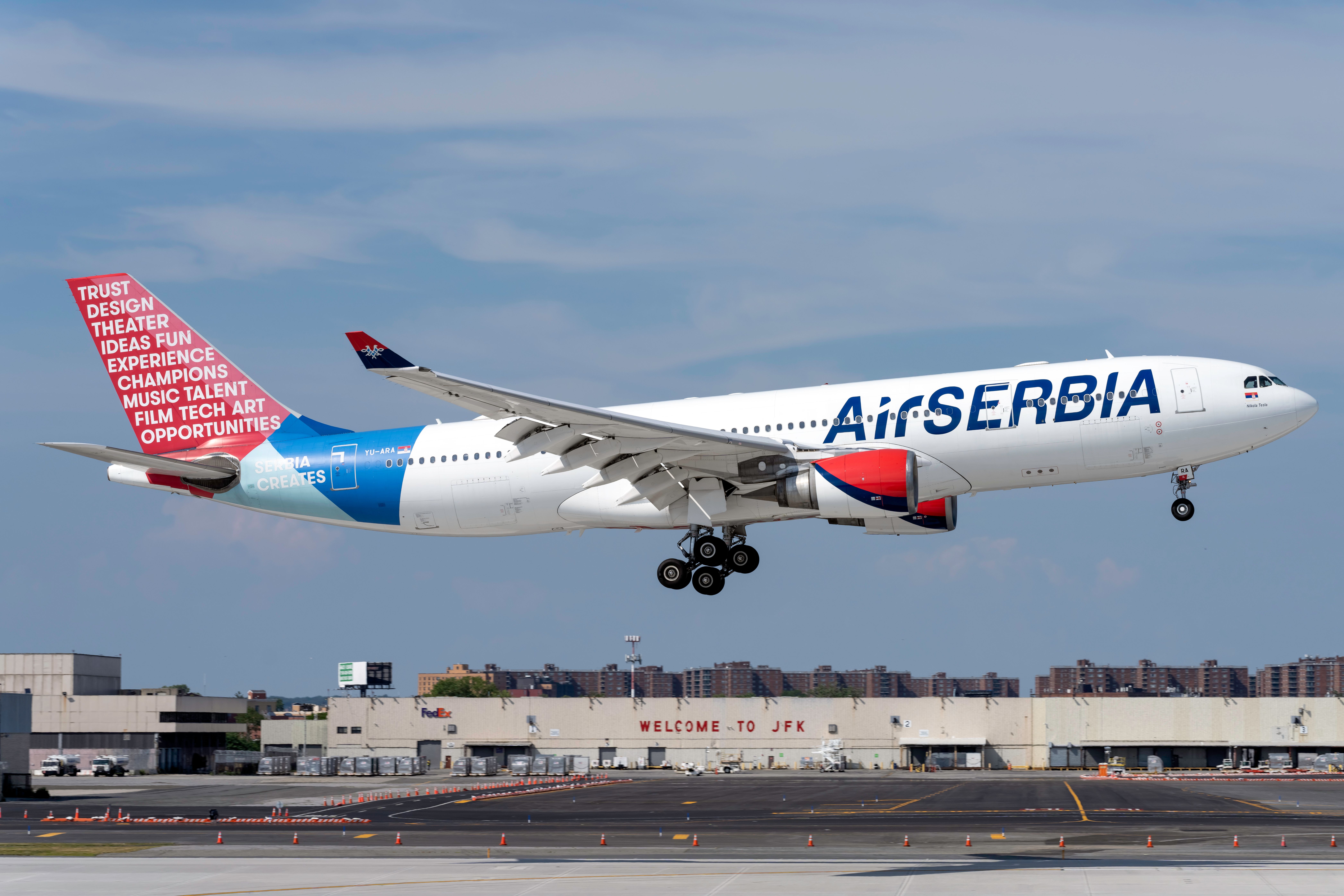 An Air Serbia Airbus A330-200 about to land At New York JFK Airport.