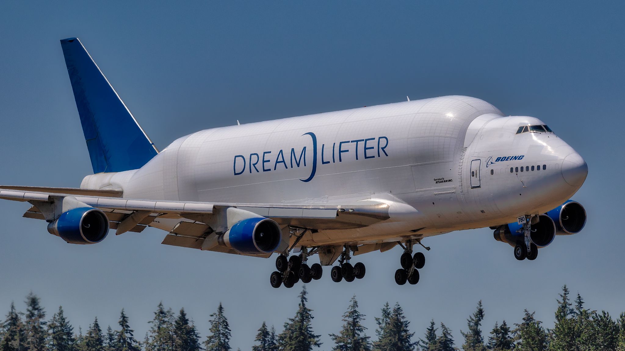 A Boeing Dreamlifter about to land.