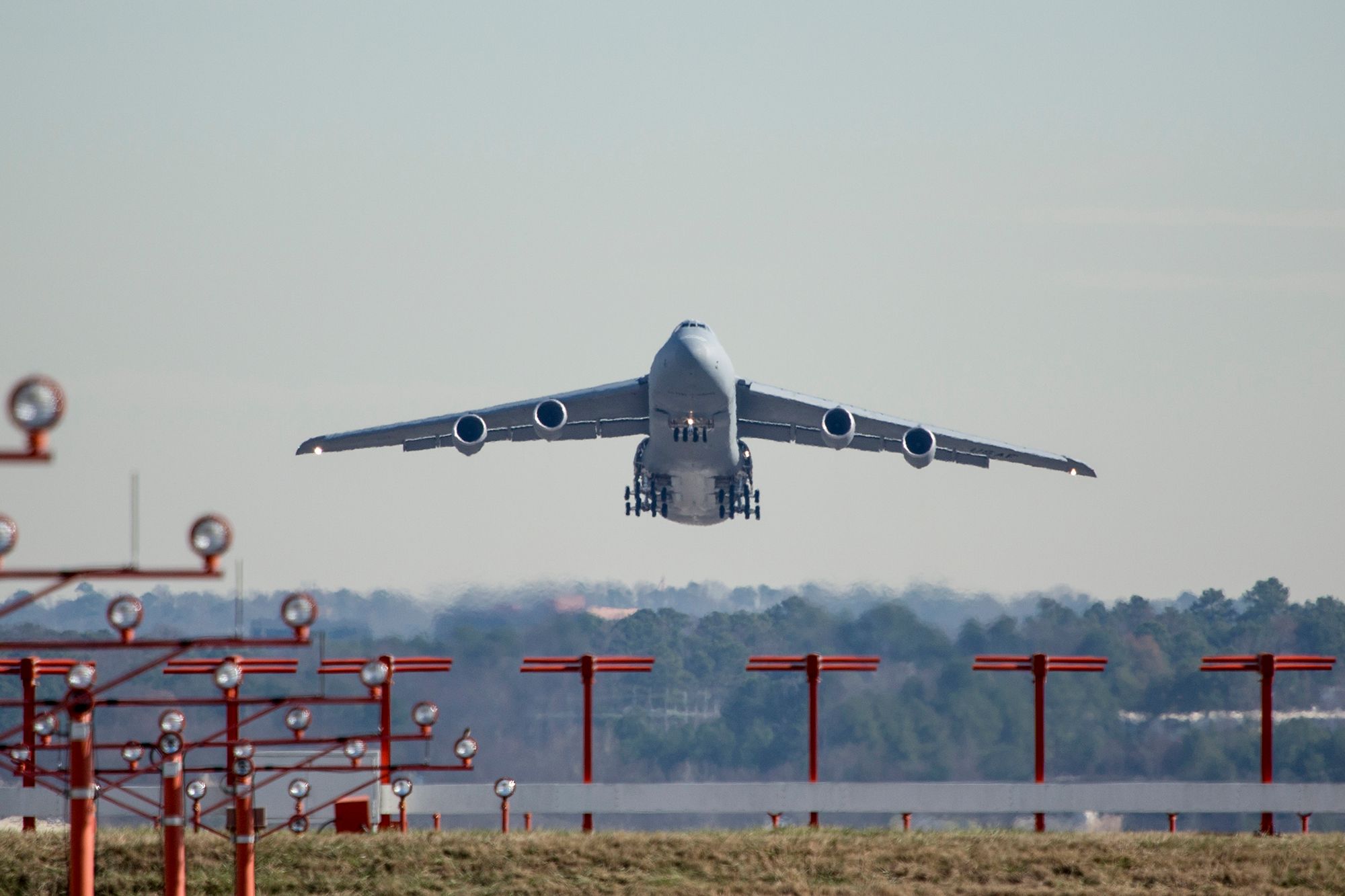 A Lockheed Martin C-5M Super Galaxy landing at Dover Air Force Base in Delaware