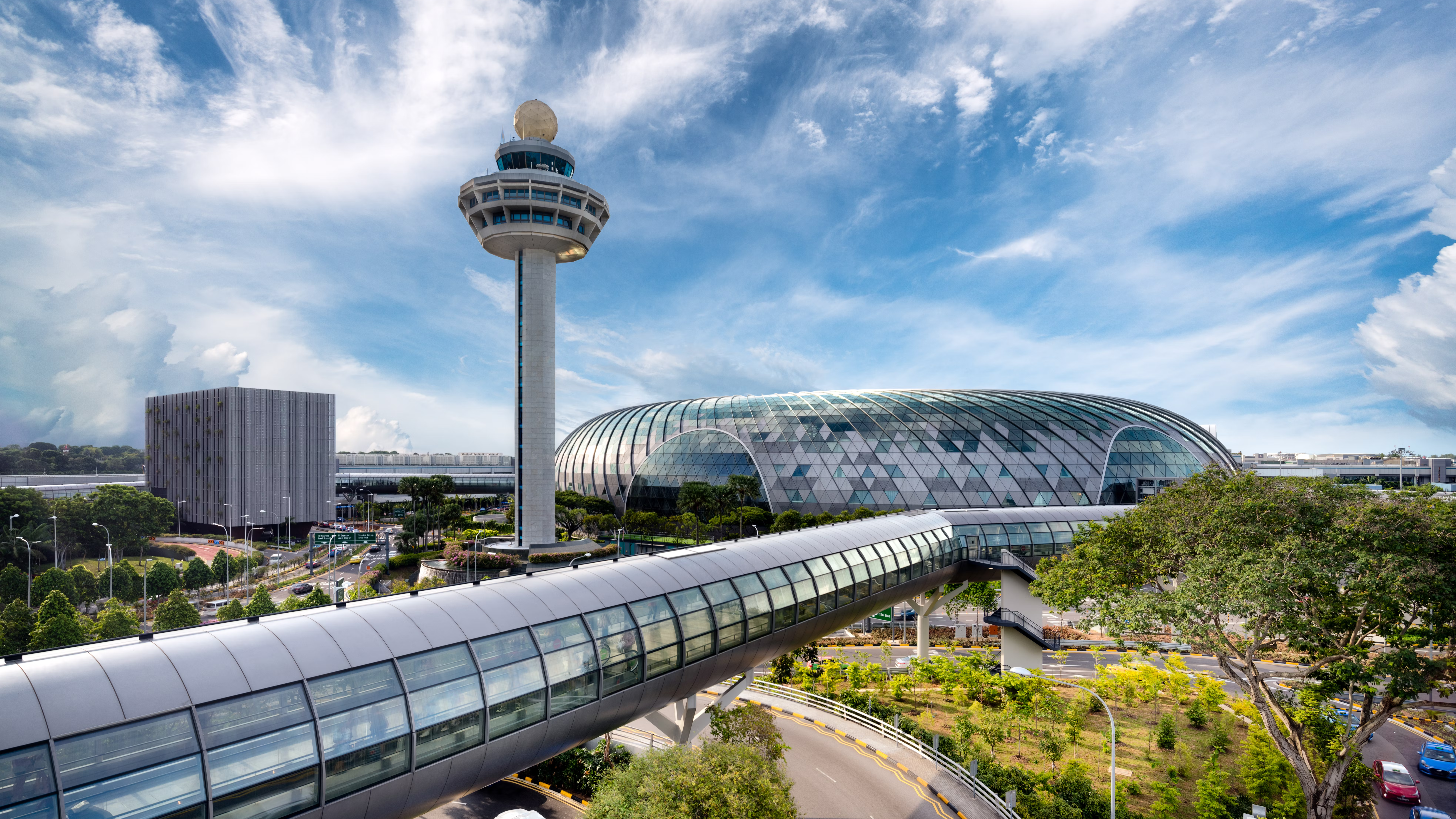 A panoramic photo from the outside of Singapore Changi Airport's Jewel.