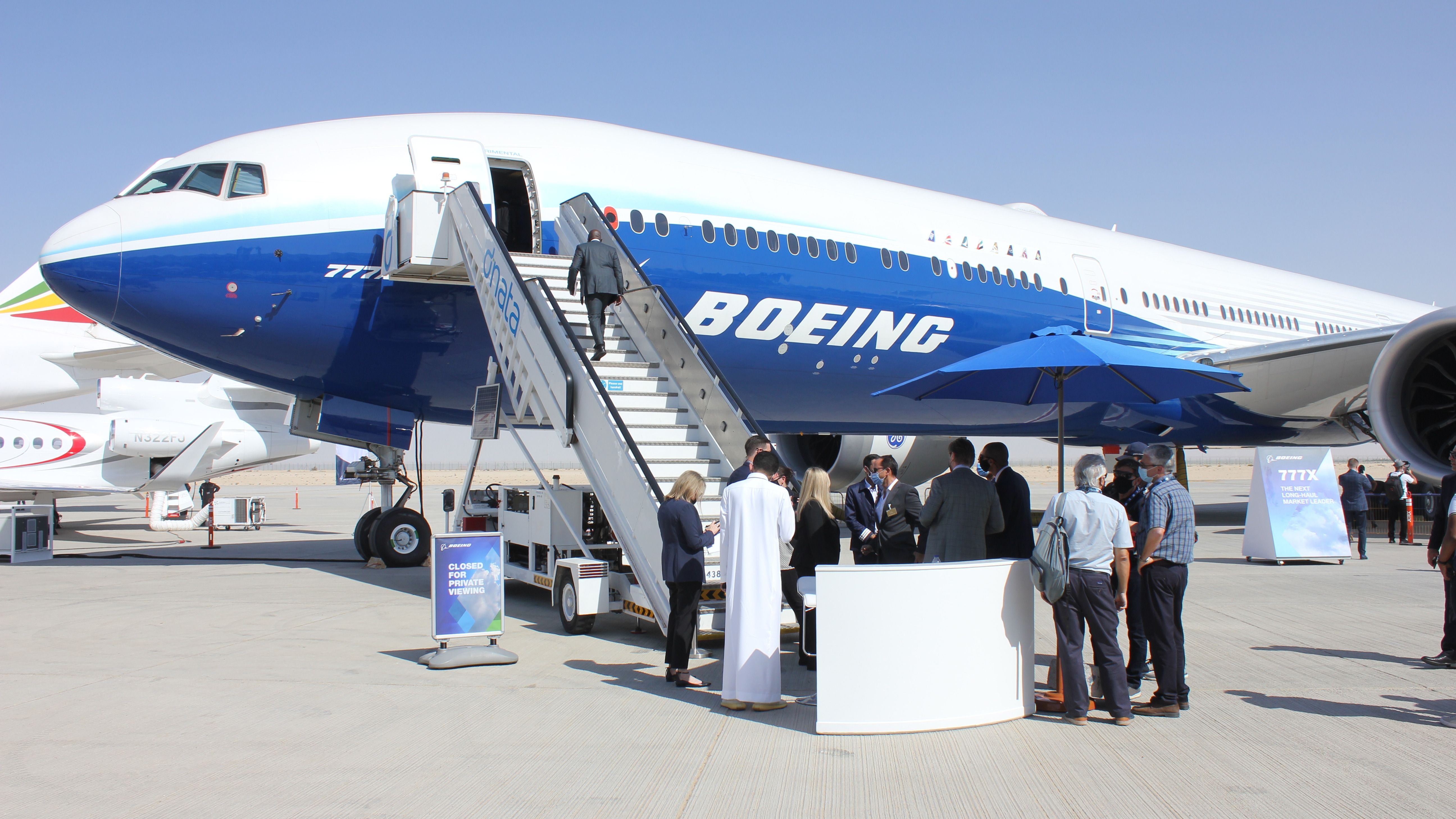 A Boeing 777X on Display at the 2021 Dubai Airshow.