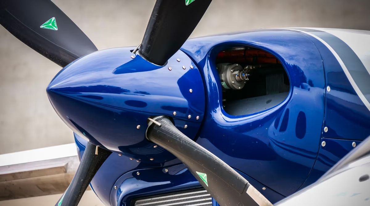 A Closeup of the engine of a general aviation aircraft.