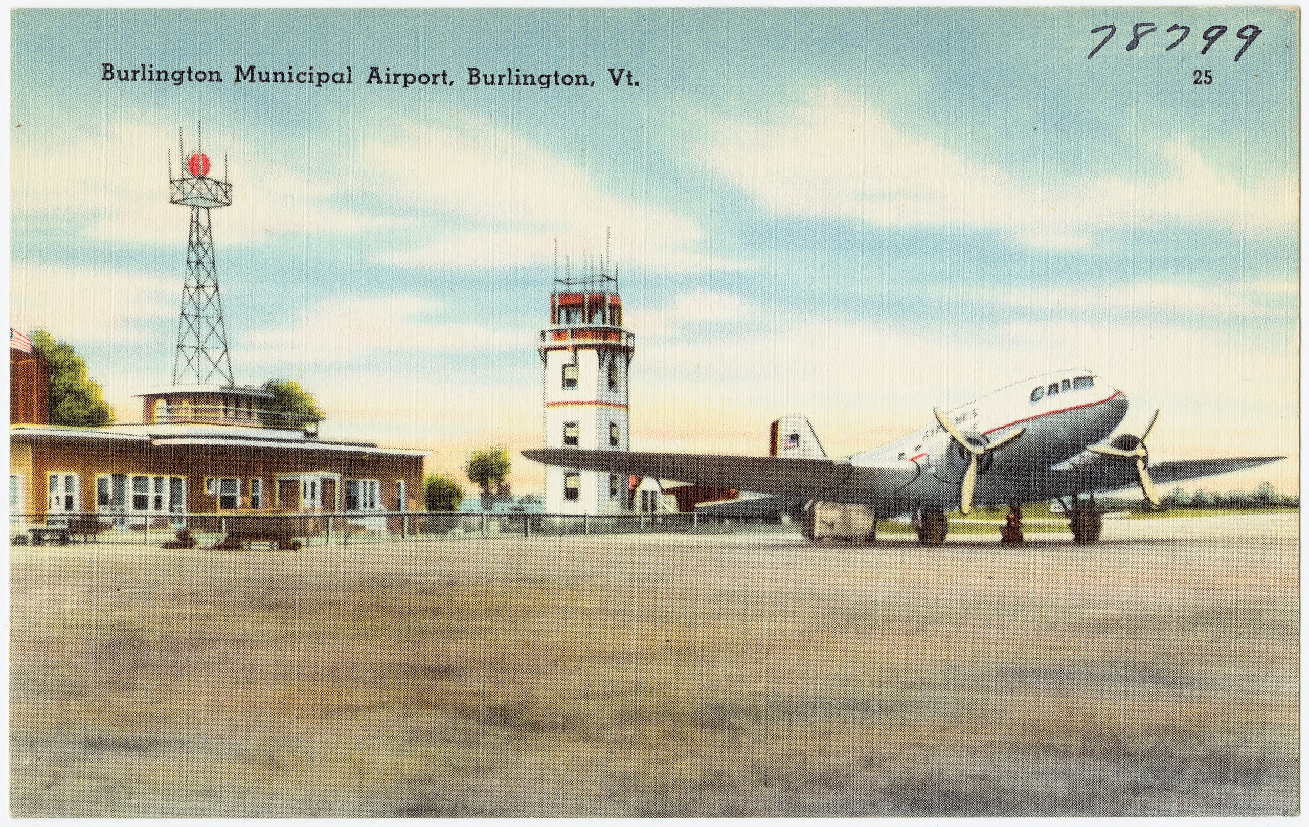 A Vintage postcard rendering of a turboprop aircraft parked in front of a control tower and terminal building.