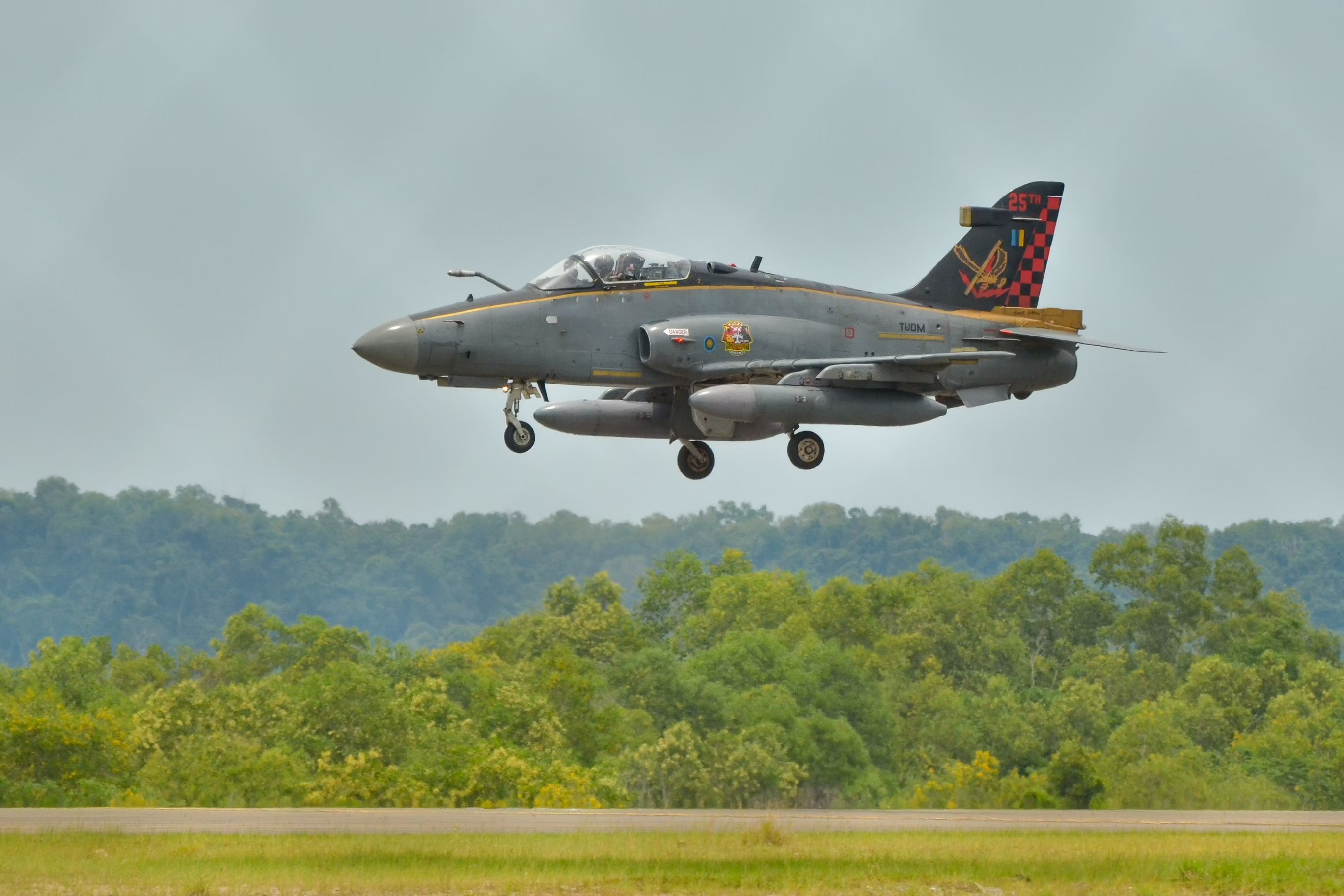 A Royal Malaysia Air Force Bae Hawk Mk 208 jet landing.