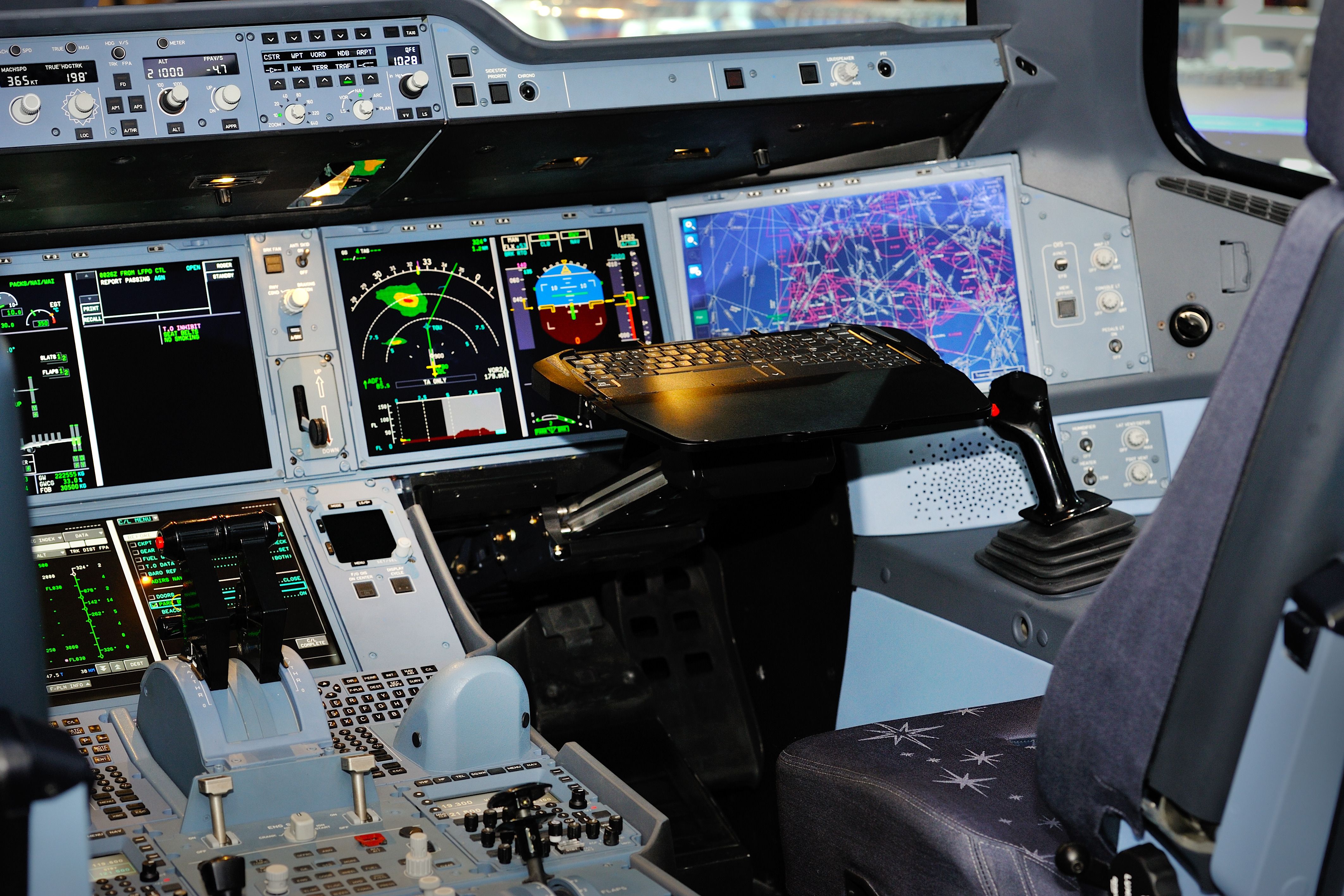 A closeup of the first officer side of a modern cockpit.