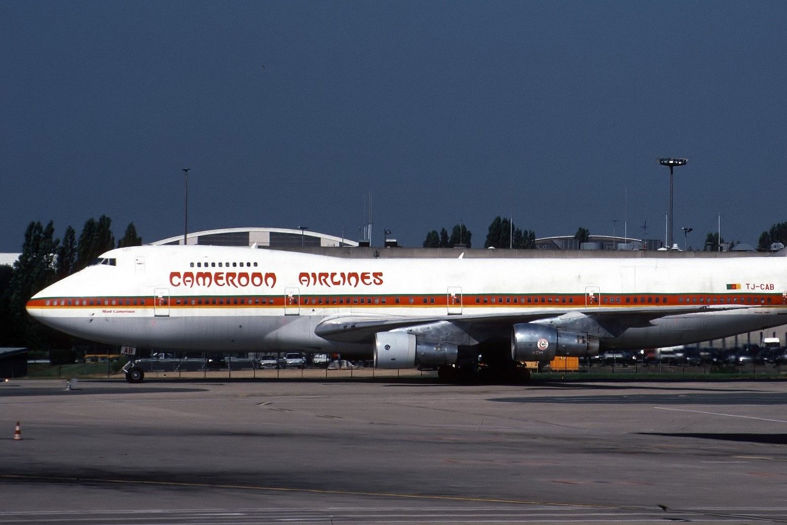 A Cameroon Airlines Boeing 747 on an airport apron.
