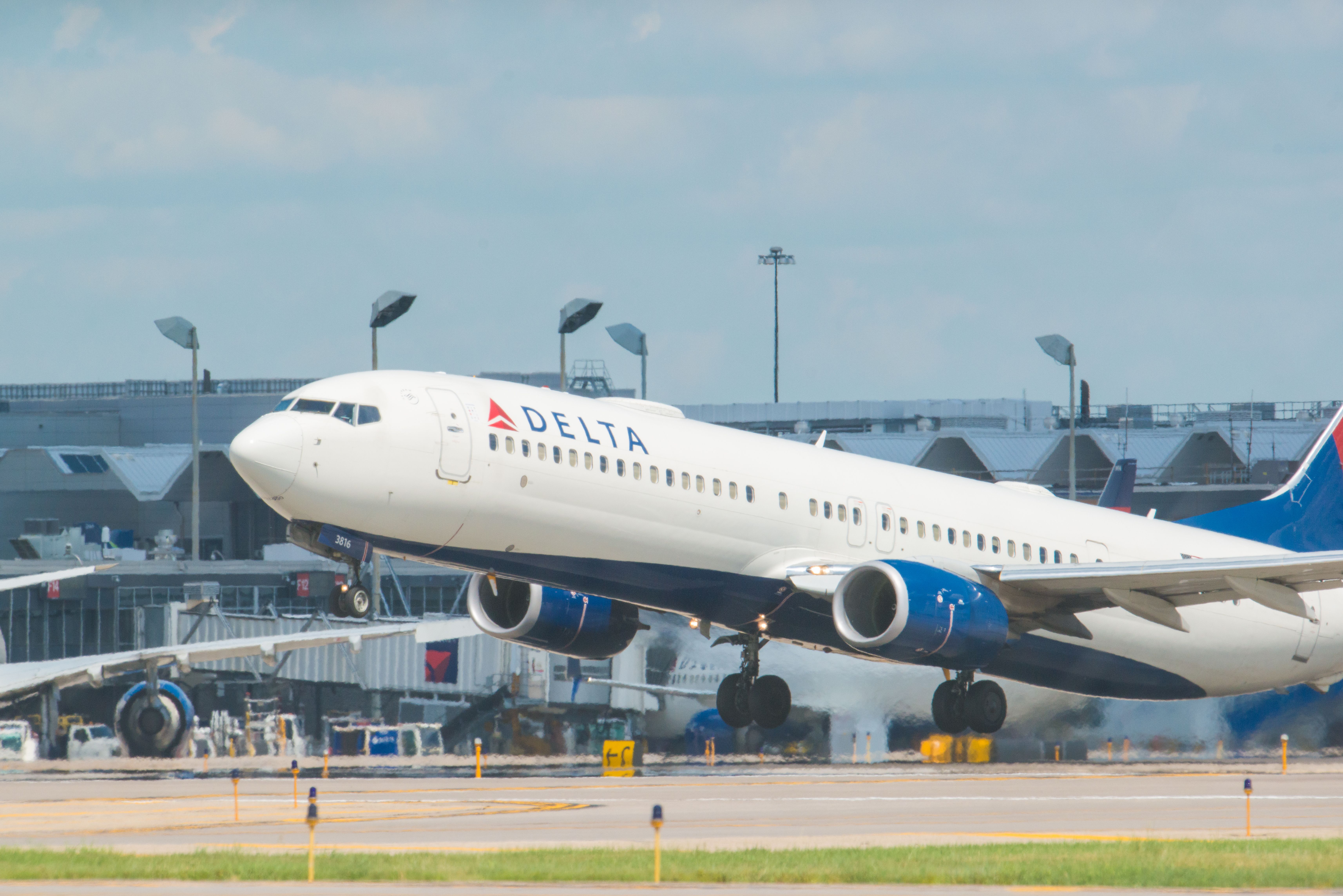 A Delta Air Lines aircraft departing from Minneapolis-St. Paul Airport 