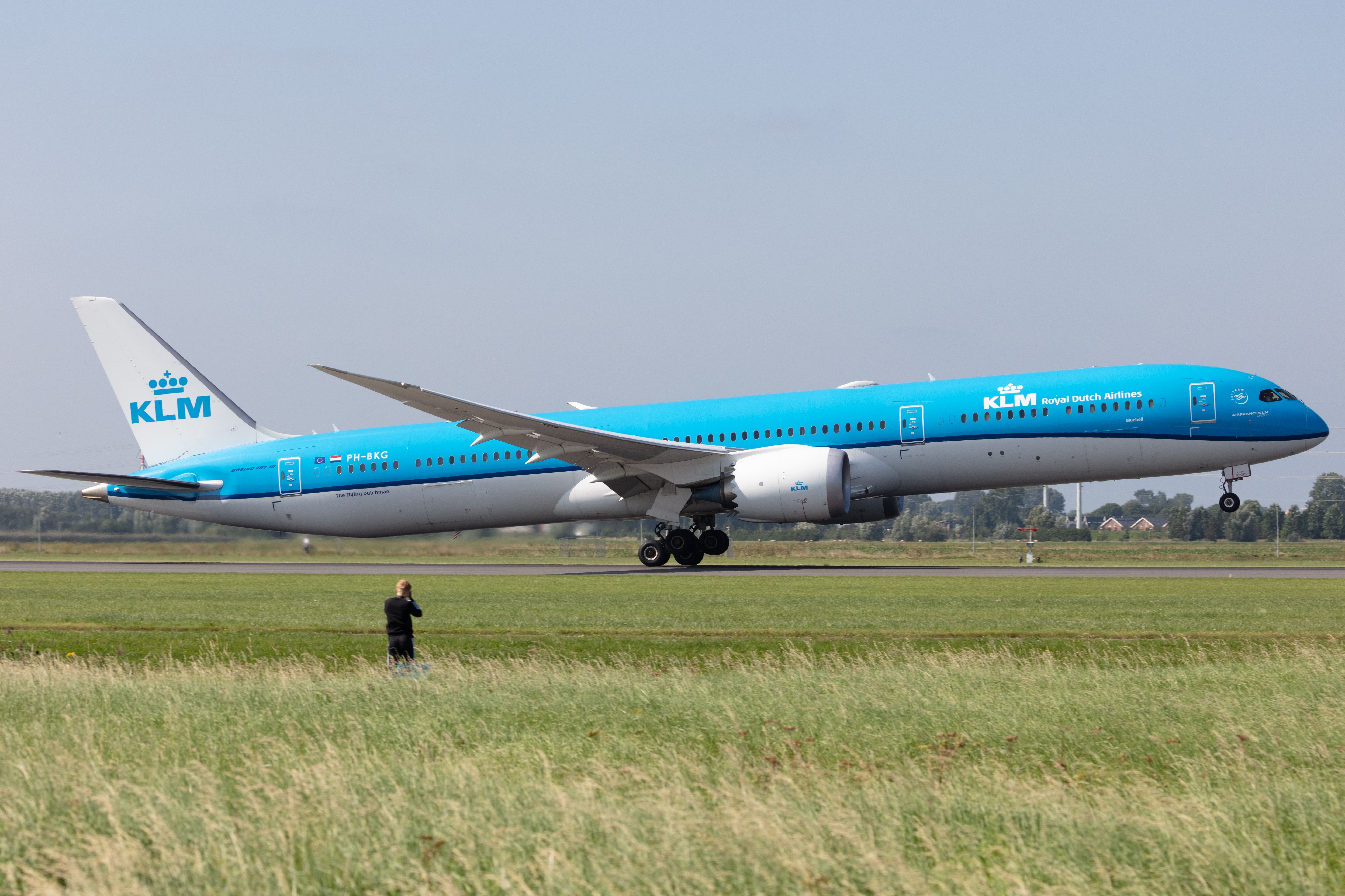 A KLM Boeing 787-10 Dreamliner as it takes off.