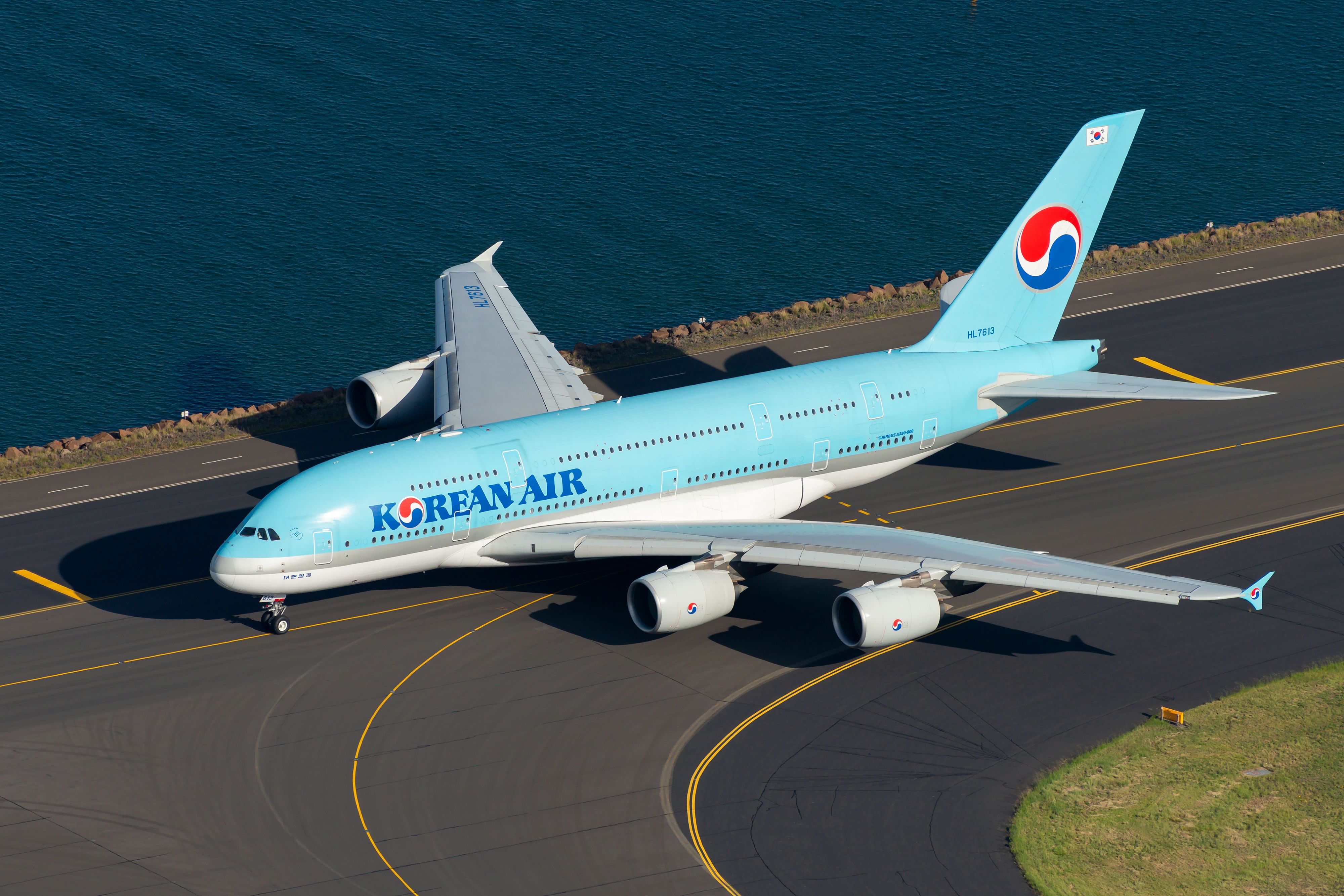 A Korean Airlines Airbus A380 on a runway.